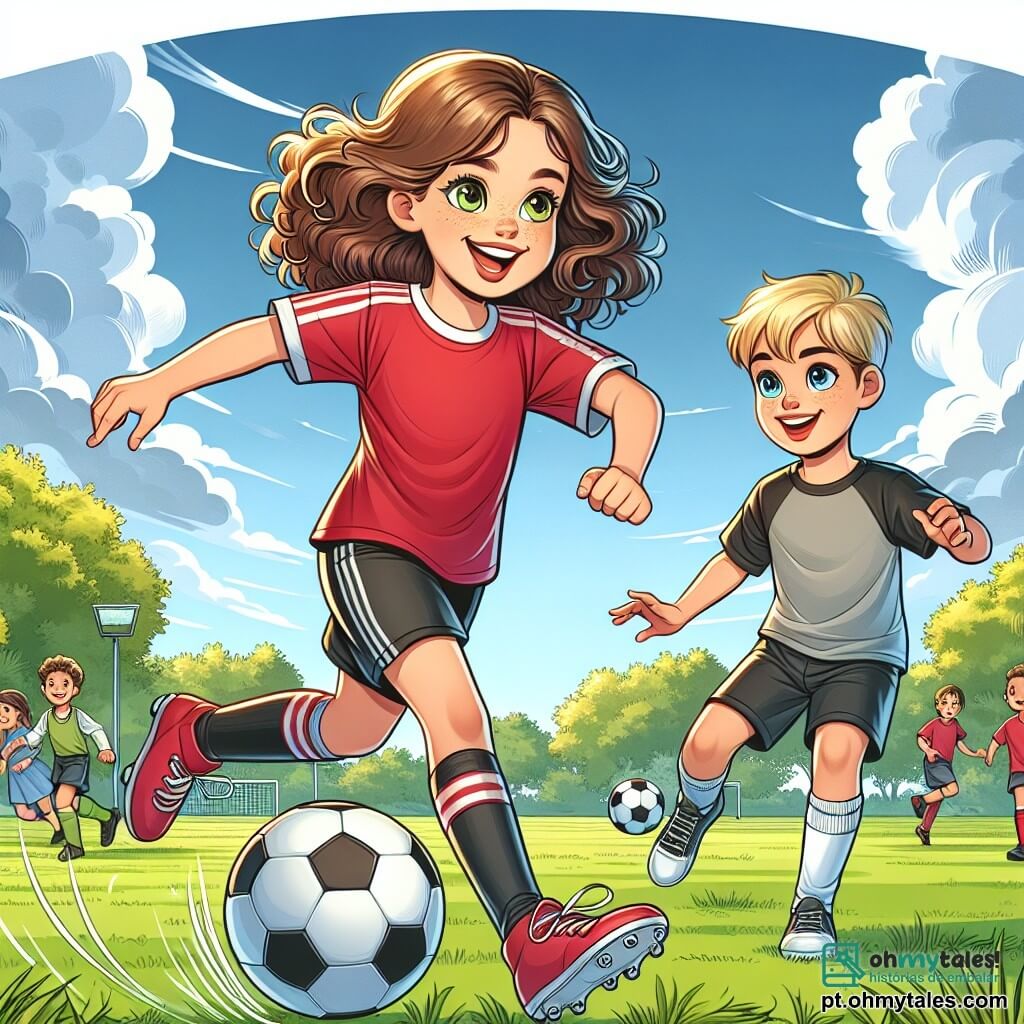 Clara, uma menina de 12 anos, está no centro da imagem, com cabelos castanhos cacheados e um grande sorriso no rosto, expressando alegria e determinação. Ela usa uma camisa de futebol vermelha e um short preto, driblando habilidosamente uma bola no campo. À sua direita, Lucas, um menino de 10 anos com cabelos loiros e olhos brilhantes, observa Clara com admiração, segurando uma bola de futebol debaixo do braço, pronto para aprender. O cenário é um parque verdejante, com árvores majestosas ao fundo, um céu azul salpicado de nuvens brancas e outras crianças jogando futebol em gramados bem cuidados. A cena principal mostra Clara dando dicas a Lucas sobre como driblar, enquanto se divertem juntos, cercados por uma atmosfera alegre e amigável, ilustrando o espírito esportivo e a amizade.