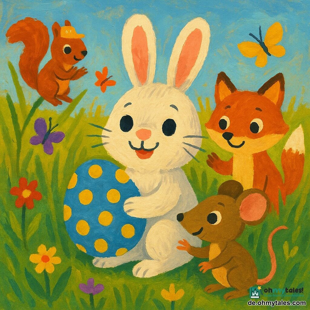 Max, ein kleiner weiß-grauer Hase mit flauschigem Fell und großen rosa Ohren, hockt fröhlich und hält behutsam ein blaues Ei mit gelben Punkten; rechts streckt die braune Maus Lili mit funkelnden Augen die Pfote zum Ei, leicht gebeugt zu Max, hinter ihm steht der rote Fuchs Leo mit neugierigem Gesicht und erhobener Pfote ermutigend, oben links auf einem hohen Halmen sitzt das rote Eichhörnchen Frida mit glitzerndem Hütchen und klatschenden Pfoten; Ort: sonnige Blumenwiese mit hohen grünen Gräsern und roten, gelben und violetten Blüten, Schmetterlinge umschwirren ein verstecktes Nest im Gras; Szene: fröhliche Entdeckung, zentriert auf das von Max gehaltene Ei; Stil: warme, kindliche Acrylmalerei mit sichtbaren Pinselstrichen, leuchtenden Farben und weichen Konturen.