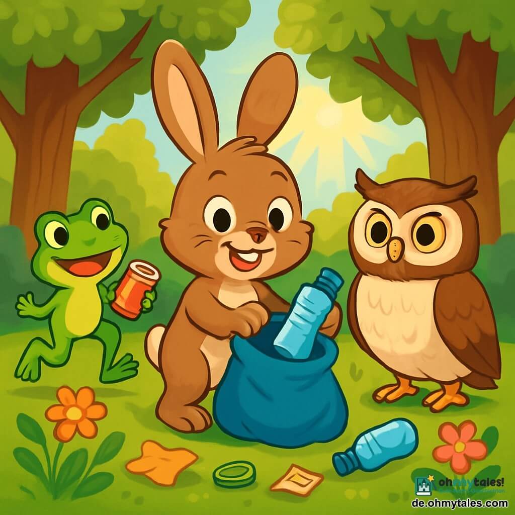 Ein kleiner Hase namens Max mit großen Ohren und weichem braunem Fell steht fröhlich im Mittelpunkt der Szene, lächelt mit funkelnden Augen voller Entschlossenheit. Er sammelt bunte Abfälle im grünen Gras, umgeben von leuchtenden Blumen. Rechts von ihm beobachtet eine weise Eule namens Ella mit weißen und braunen Federn und großen runden Augen aufmerksam, während sie eine Plastikflasche in ihren Krallen hält und einen ernsten, aber ermutigenden Ausdruck zeigt. Links springt ein kleiner Frosch namens Freddy mit glänzend grüner Haut und gelben Flecken fröhlich umher, während er eine Dose in seinen Pfoten hält und ein schelmisches Lächeln auf seinem Gesicht hat. Der Ort ist ein wunderschöner sonniger Wald, gefüllt mit majestätischen Bäumen mit üppigem grünem Laub, bunten Blumen und einem sanften Lichtstrahl, der durch die Äste filtert. Der Boden ist mit Abfällen, aber auch mit schönen Gräsern und Wildblumen bedeckt. Die Hauptsituation zeigt Max und seine Freunde in vollem Einsatz, wie sie ihre Kräfte bündeln, um den Wald zu reinigen, mit Ausdrücken von Freude und Kameradschaft, die die Bedeutung des gemeinsamen Schutzes der Natur veranschaulichen.