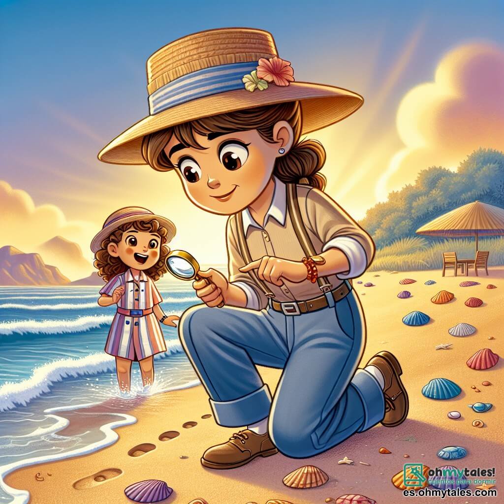 Una detective mujer, llamada Sofía, está en la playa, con una mirada decidida y curiosa. Lleva un sombrero de paja, una blusa beige y un pantalón azul, sosteniendo una lupa en su mano derecha. Su cabello castaño está atado en una coleta. Cerca, una niña de 8 años, Lucía, con cabello rizado y un traje de baño a rayas, juega en la arena, con los ojos brillando de alegría. La playa está bañada por la luz dorada del sol poniente, con suaves olas que acarician la orilla. Conchas coloridas están esparcidas sobre la arena fina. Sofía examina atentamente las huellas en la arena, buscando pistas para encontrar a Lucía.