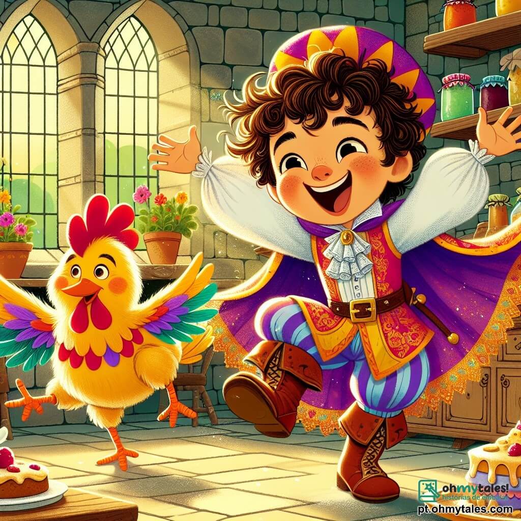O príncipe Felipe, um garoto com cabelos cacheados e um grande sorriso, usa um chapéu colorido e uma capa brilhante. Ele dança alegremente na cozinha, com os braços levantados, expressando felicidade e um pouco de farinha no nariz. Ao lado dele, um frango dançarino, um frango animado com penas coloridas, faz piruetas enquanto espirra um pouco de limonada. Em um canto, a bruxinha Lúcia, uma menina com cabelos longos e negros, veste um vestido roxo e um chapéu pontudo, rindo enquanto segura um prato de bolos. A cozinha é encantada, com paredes de pedra, prateleiras cheias de potes de geleia e janelas que deixam entrar a luz dourada do sol. Flores coloridas decoram os peitoris das janelas, e uma grande mesa de madeira está cheia de delícias doces. A cena principal mostra o príncipe Felipe e seus amigos em uma festa, dançando e rindo juntos, enquanto o frango dançarino faz acrobacias, criando uma atmosfera alegre e mágica.