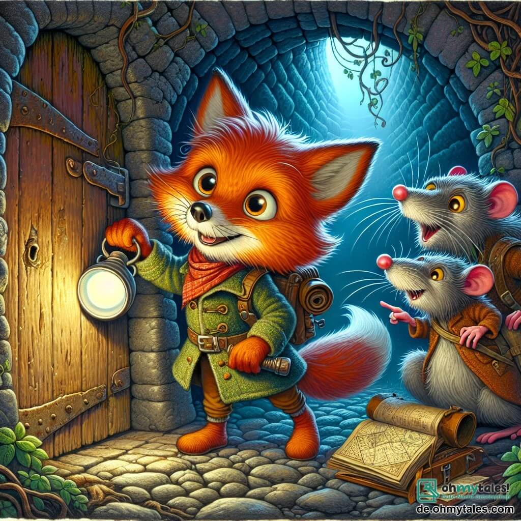 Felix, ein junger, schlauer Fuchs mit leuchtend orangefarbenem Fell und neugierigen Augen, steht vor einer alten, rostigen Tür, sein Herz schlägt vor Aufregung. In einer Pfote hält er eine kleine Taschenlampe und auf seinem Rücken trägt er einen Rucksack voller Abenteuerschätze. Neben ihm beobachten ihn zwei alte Ratten mit schelmischen Augen und zitternden Schnurrhaaren, eine von ihnen hält eine alte Karte, während die andere auf den Weg zeigt, beide voller Begeisterung und Weisheit. Der Ort ist ein dunkler, geheimnisvoller Tunnel mit rauen Steinwänden, in dem Pflanzenwurzeln wachsen und das Echo eines fernen Baches zu hören ist, was eine Atmosphäre von Abenteuer und Magie schafft. Felix ist bereit, die Tür zu öffnen, entschlossen, die Geheimnisse dahinter zu entdecken, während die Ratten ihn ermutigen, was eine Szene voller Spannung und Vorfreude erzeugt.