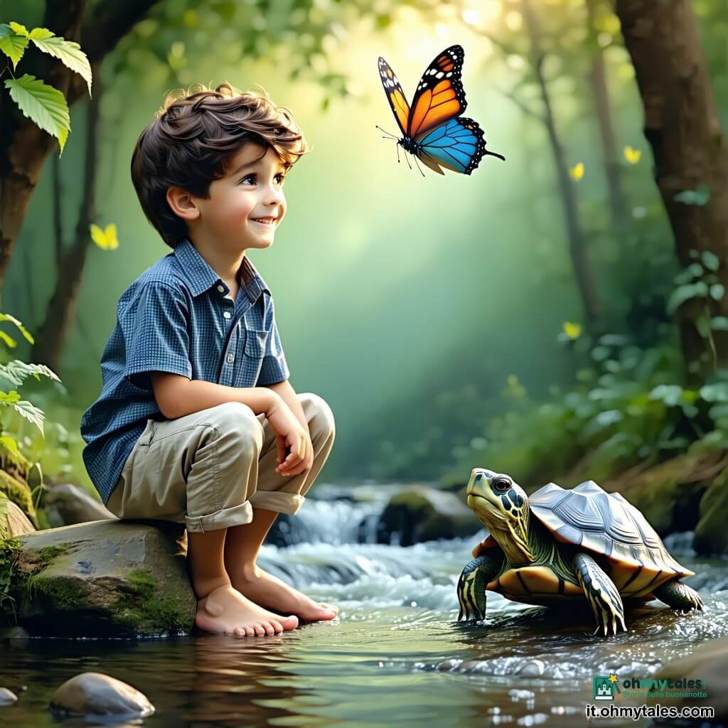 Bambino di 8 anni, viso rotondo e capelli castani ricci, seduto a piedi nudi su una pietra liscia al bordo di un ruscello, sguardo meravigliato e sorriso calmo, camicia a quadri blu e pantaloni beige risvoltati, mano sulla pietra come per ascoltare; una grande farfalla dalle ali vivaci (arancione, blu e viola) vola sopra la sua testa; una vecchia tartaruga verde dalla corazza rugosa è sulla riva vicino a lui, occhi saggi e movimento lento; un corvo nero lucido è posato su un ramo basso di una quercia, leggermente arretrato a sinistra; luogo: piccolo boschetto illuminato dal sole con muschio, pietre arrotondate e ruscello limpido che riflette il cielo, erbe alte e fiori selvatici sullo sfondo; scena principale: il bambino ascolta il canto del ruscello, atmosfera pacifica e contemplativa, composizione centrata, colori caldi e contrastati a blocchi piatti, contorni netti e forme semplici adatte ai bambini.