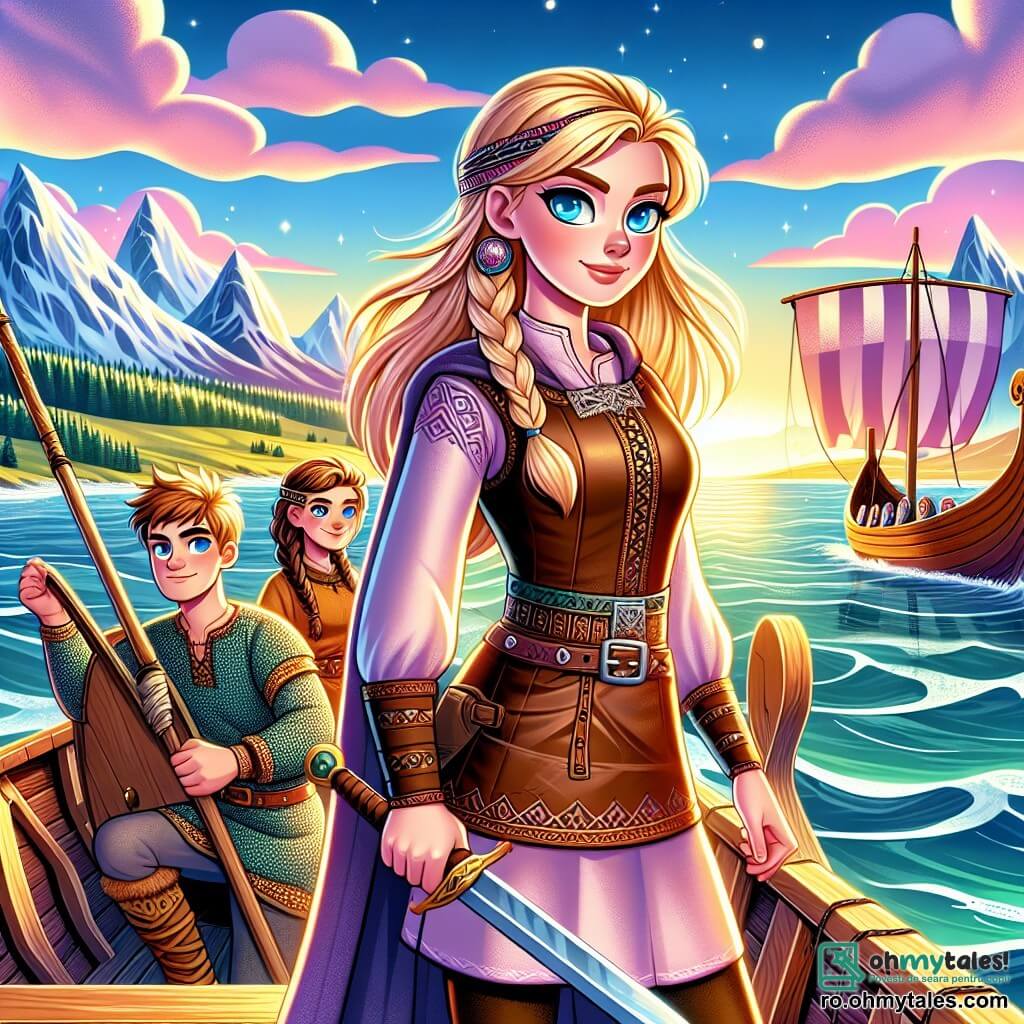 O tânără vikingă, Ingrid, stă mândră pe prova unui drakkar, cu părul blond fluturând în vânt, iluminat de lumina aurie a soarelui apunând. Fața ei exprimă o determinare strălucitoare, cu ochii albastri ca gheața strălucind de curaj. Poartă o tunică din piele ornamentată cu motive nordice și o curea înfășurată în jurul taliei. Lângă ea, prietenul ei Bjorn, un băiat de aproximativ 15 ani, are părul castaniu și ochii sclipitori, ținând ferm o sabie din lemn, pregătit să-și apere prietena. Freya, o fetiță de 14 ani, se află puțin mai în spate, cu împletituri de păr brun și un zâmbet încurajator, ținând o hartă de navigație. Drakkarul alunecă pe o mare calmă, înconjurat de munți acoperiți de zăpadă și păduri verzi care se ridică mărețe la orizont. Cerul este presărat cu nori roz și violeți, creând o atmosferă magică. Ingrid, hotărâtă să-și salveze prietenul capturat, privește înainte, pregătită să înfrunte provocările ce le așteaptă.
