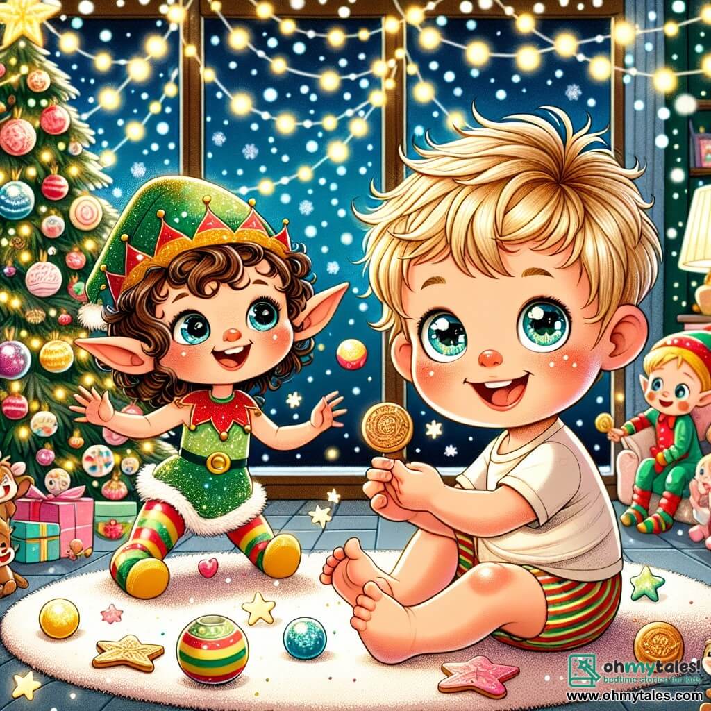 A 1-year-old boy with blonde hair and sparkling eyes sits on a fluffy rug, surrounded by colorful toys. He smiles in wonder, his rosy cheeks lit by the twinkling lights of the Christmas tree. Next to him, a 5-year-old elf named Jingle, with curly hair and pointed ears, wears a shiny green dress and golden slippers, joyfully dancing with sparkling stars floating around her. The scene takes place in a cozy living room decorated with twinkling garlands and a large Christmas tree adorned with colorful baubles and a golden star on top. Snowflakes gently fall outside, creating a magical atmosphere. In this main scene, the little boy and the elf play together, surrounded by dancing cookies on the table, while singing ornaments fill the room with magic and laughter.