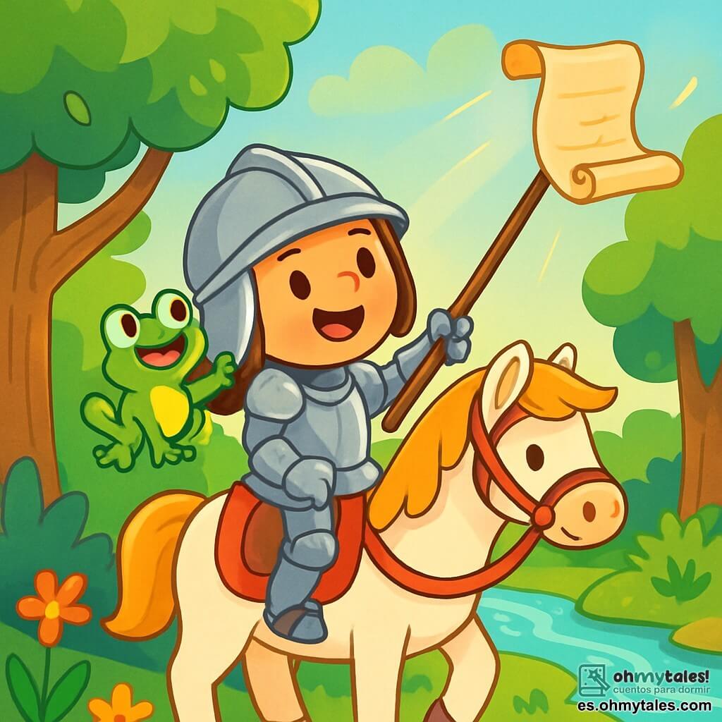 Una caballero, Luna, se sostiene orgullosamente sobre su caballo blanco, con una armadura brillante que brilla bajo el sol. Su rostro expresa determinación y alegría, con una gran sonrisa y ojos chispeantes. Sostiene un largo bastón para atrapar un pergamino mágico que flota en el aire. A su lado, la pequeña rana verde, Verde, está sentada en su hombro, con una mirada de emoción y ojos redondos. Verde es de un verde brillante, con manchas amarillas en la espalda, y parece lista para saltar de alegría. El escenario es un hermoso bosque verde, con grandes árboles de hojas brillantes y flores coloridas que crecen a su alrededor. Un arroyo brillante fluye cerca, reflejando la luz del sol. La situación principal muestra a Luna intentando atrapar el pergamino mágico que danza sobre el arroyo, mientras Verde la anima con entusiasmo. La atmósfera está llena de magia y aventura, con rayos de sol filtrándose a través de las ramas.