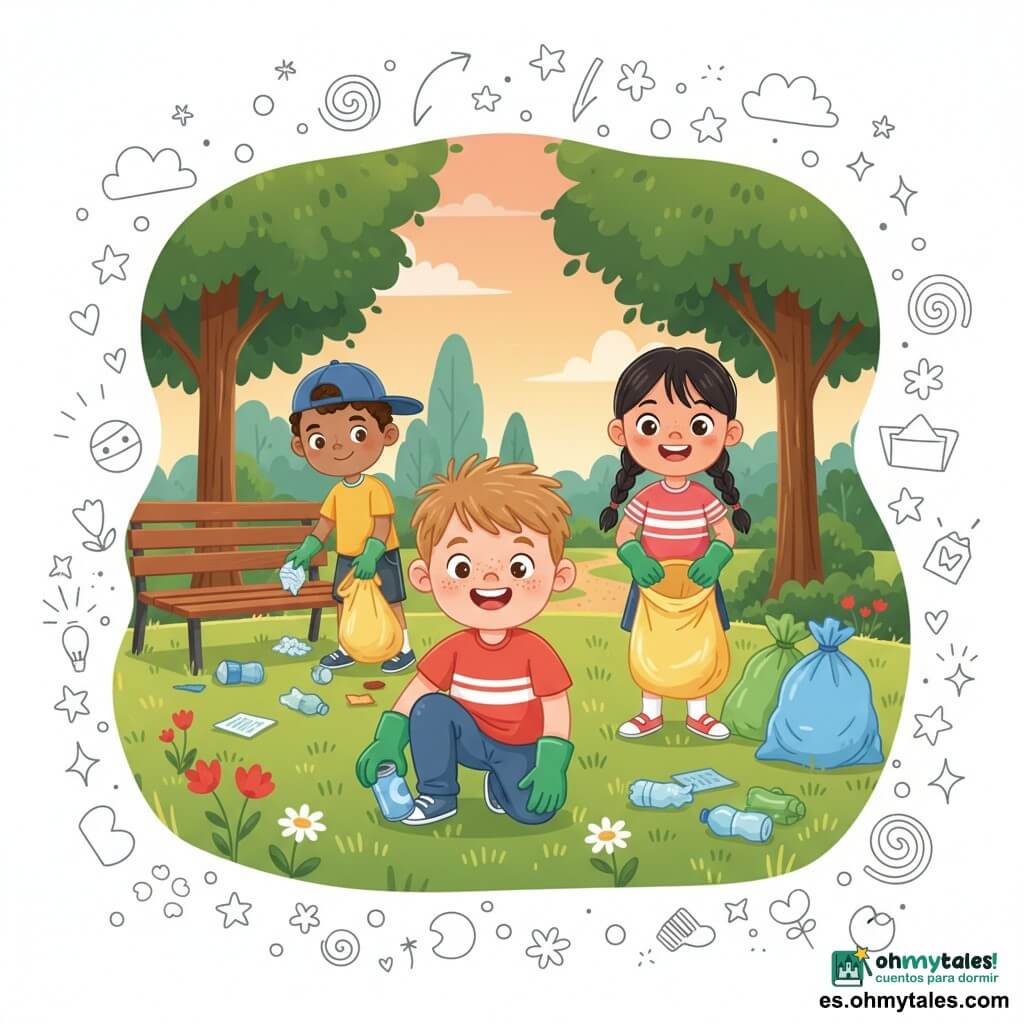 Tres niños de unos 10 años limpia el parque al atardecer: un chico de rostro redondo y pecas con pelo castaño claro despeinado y expresión decidida recoge una lata con guantes verdes agachado en primer plano; una niña con trenzas negras y sonrisa amplia sostiene a la derecha una bolsa de basura amarilla casi llena; otro chico de piel trigueña y gorra de béisbol azul recoge papeles junto a un banco de madera a la izquierda; césped verde recién cortado, árboles altos, camino de grava, flores silvestres rojas y margaritas blancas, cielo anaranjado, sacos y guantes coloridos, residuos amontonados, atmósfera optimista, colores vivos y contornos suaves.