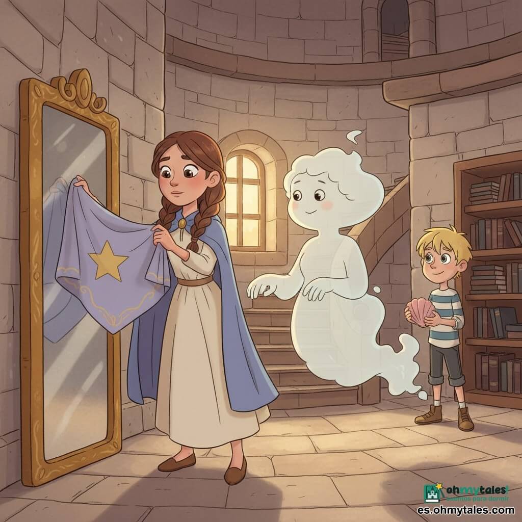 Princesa Liria al centro, rostro suave y concentrado, ojos grandes, cabello castaño trenzado, capa azul lavanda y vestido crema, coloca con ternura un gran pañuelo bordado con una estrella sobre un espejo alto de marco dorado; a la derecha flota la Señora Niebla (mujer-nube), forma de niebla blanca translúcida con ojos pequeños y sonrisa tímida, retirándose calmada; al fondo en el rellano, Nico, niño de unos 9 años, rubio y con camisa a rayas, sostiene una concha rosada y sonríe admirado; sala circular de piedra clara en la Isla de la Niebla Clara, luz dorada entra por una ventana estrecha, estanterías con libros, escalera de caracol y suelo de losas, atmósfera húmeda pero cálida, momento de reconciliación y calma en tonos pastel (azul, crema, oro) con texturas visibles.