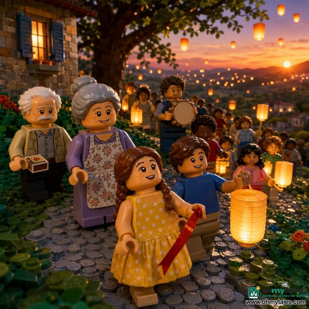 A serene, wide-eyed 6-year-old girl with light freckles and brown braided hair in a yellow polka-dot summer dress holds a small red ribbon and walks looking at lanterns; beside her is Tomas, about 8, with short chestnut hair and a blue T-shirt, smiling and holding a paper lantern to her right; behind her a smiling grandmother (around 65) with gray hair in a bun and a floral apron watches gently, while a grandfather (around 68) in a beige jacket with white hair stands left of the group holding a small matchbox. The scene is a gentle hill at dusk with textured green grass like bricks, gray cobbled paths, a stone house with blue shutters, and a large plane tree casting a mosaic shadow. Hundreds of suspended paper lanterns cast a warm orange-golden glow on faces and bricks as the group calmly processes toward the hilltop, an adult marking a slow rhythm on a wooden tambourine, children laughing and watching ribbons float. Visual style: warm vivid colors, visible LEGO-like brick textures, sharp details (seams, knots, folds), simple readable expressions, soft welcoming atmosphere.