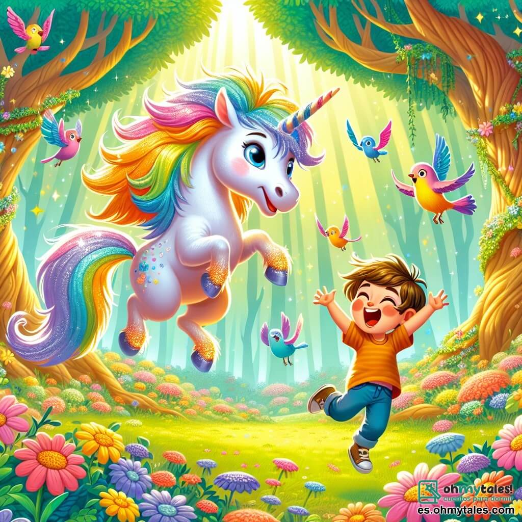 En el centro de la imagen, una hermosa unicornio de pelaje brillante en tonos pastel, con una melena dorada y un cuerno arcoíris, expresa una alegría deslumbrante al saltar en el aire. Sus grandes ojos centelleantes reflejan emoción y amistad. A su lado, un niño de 8 años llamado Lucas, con cabello castaño alborotado y una camiseta colorida, se ríe a carcajadas imitando los saltos de la unicornio, con los brazos levantados en señal de alegría. Al fondo, un grupo de pequeños pájaros de plumas brillantes canta y baila, sumando a la atmósfera festiva. El escenario es un hermoso bosque encantado, lleno de flores multicolores, grandes árboles de troncos retorcidos y rayos de sol filtrándose a través de las hojas, creando una atmósfera mágica y luminosa. La escena captura el momento en que Luni y Lucas se divierten juntos, rodeados de risas y colores, celebrando su amistad en un mundo de fantasía.
