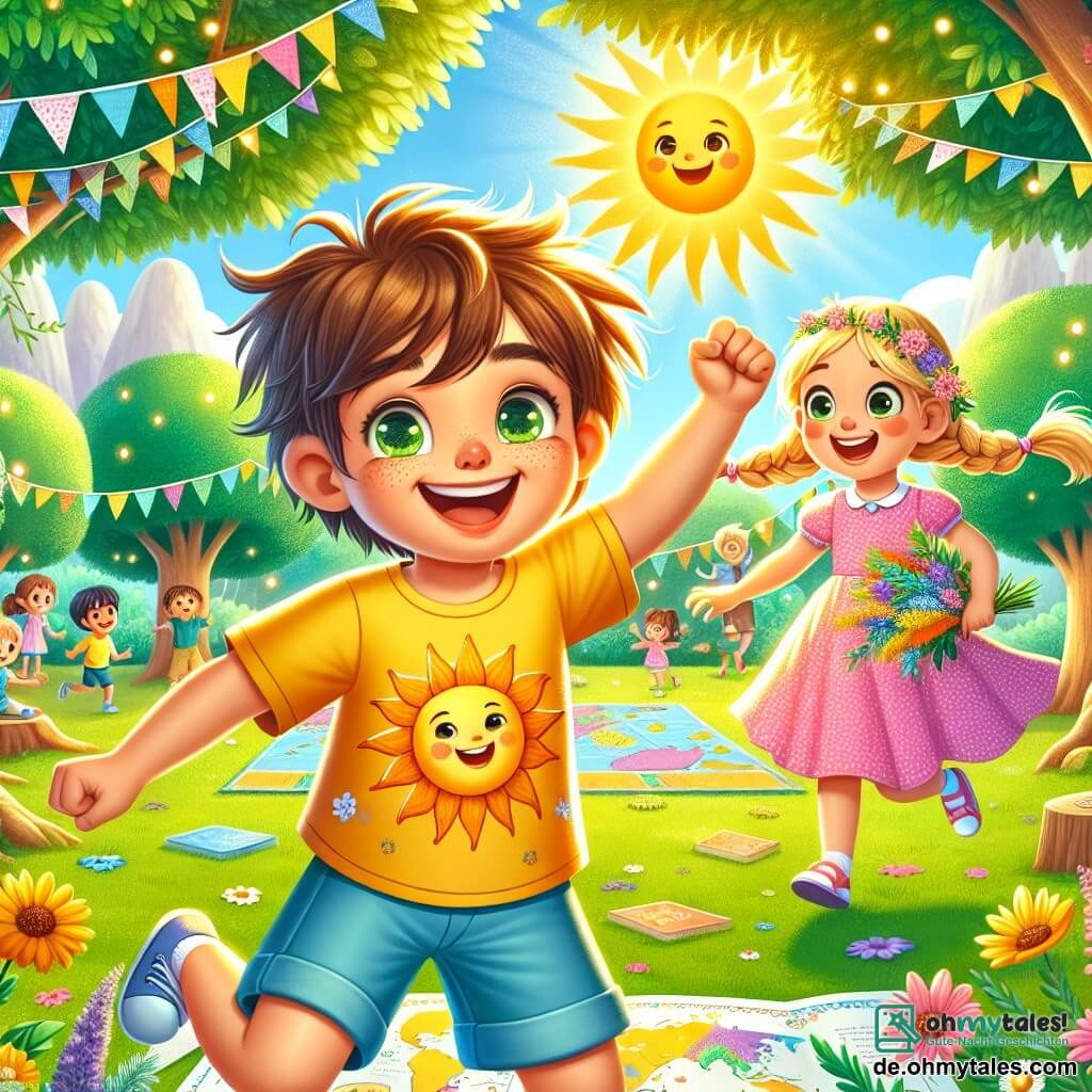 Ein 8-jähriger Junge, Max, mit zerzausten braunen Haaren und strahlenden Augen, springt voller Freude in einem sonnigen Park. Er trägt ein leuchtend gelbes T-Shirt mit einer großen Sonne darauf und eine blaue Shorts. Neben ihm steht ein 7-jähriges Mädchen, Lila, mit geflochtenem blonden Haar, das lächelt und einen schönen Strauß Wildblumen hält. Sie trägt ein rosa gepunktetes Kleid und tanzt um Max herum. Der Ort ist ein grüner Park, gefüllt mit majestätischen Bäumen, bunten Blumen und Kinderlachen. Papiergirlanden wehen in der Luft, und eine große Weltkarte hängt an einem Baum, umgeben von Spielen und Büchern. Die Hauptsituation zeigt Max und Lila, die ein großes Sommerfest vorbereiten, während sie Papierlaternen basteln und Geschichten über Sommerferien in verschiedenen Ländern austauschen. Ihre Gesichter strahlen vor Aufregung und Freundschaft, während sie sich die kommenden Abenteuer vorstellen.