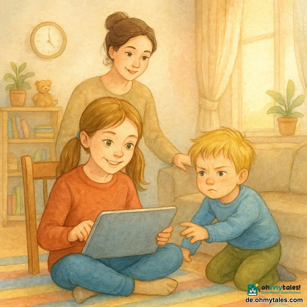 Ein etwa 10-jähriges Mädchen, fröhlich und konzentriert, mit hellbraunen Zöpfen und funkelnden grünen Augen, sitzt auf einem gestreiften Teppich und hält ein großes silbernes Tablet auf den Knien, ihre Fingerspitzen streichen über den Bildschirm, ein leichtes Lächeln im Gesicht; ihr etwa 6-jähriger kleiner Bruder mit zerzaustem blondem Haar und neugierig-poutigem Blick reicht von rechts vom Sofa aus die Hand, um an die Ecke des Tablets zu greifen; die Mutter (ca. 35), mit braunem Dutt und gemütlicher Kleidung, steht hinter dem Mädchen, lächelnd und aufmerksam, eine Hand am Stuhllehnenrand, bereit einzugreifen; die Szene spielt in einem hellen Wohnzimmer mit beigem Wandton, großem Fenster mit leichten Vorhängen, Holzregal mit Spielzeug und Büchern, Topfpflanzen und einer runden Wanduhr; Hauptsituation: sanfte Spannung zwischen digitalem Spiel und familiärem Teilen, die Gesten und Blicke deuten auf eine noch zu klärende Familienregel hin.