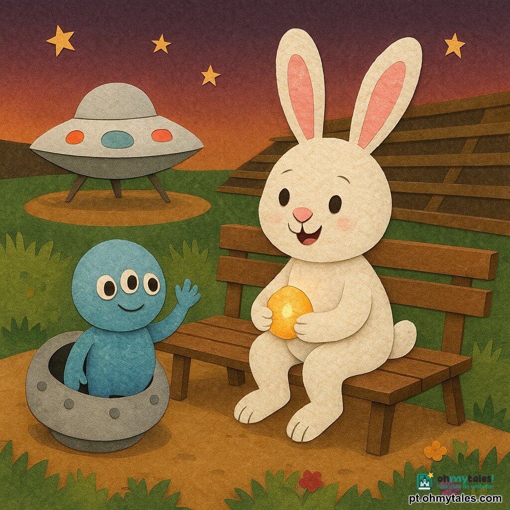 O personagem principal é um pequeno coelho branco e fofo, orelhas grandes rosadas, olhar alegre, sentado num banco de madeira segurando uma pequena pedra luminosa; personagem secundário é um pequeno extraterrestre redondo, pele azul-clara com brilho metálico, três olhos e sorriso tímido, acenando desde a entrada de uma pequena nave prateada à esquerda; outra secundária é a própria nave redonda e brilhante com painéis e escotilhas em papéis coloridos, porta aberta; local: um velho velódromo ao ar livre ao crepúsculo, pista circular ocre em papel kraft, arquibancadas de madeira, relva e flores em colagens de papel, céu púrpura e laranja com estrelas coladas; situação: despedida calorosa no banco com troca de presentes (pedra luminosa e flor), atmosfera terna e curiosa, composição simples com cores contrastantes e texturas de papel visíveis.