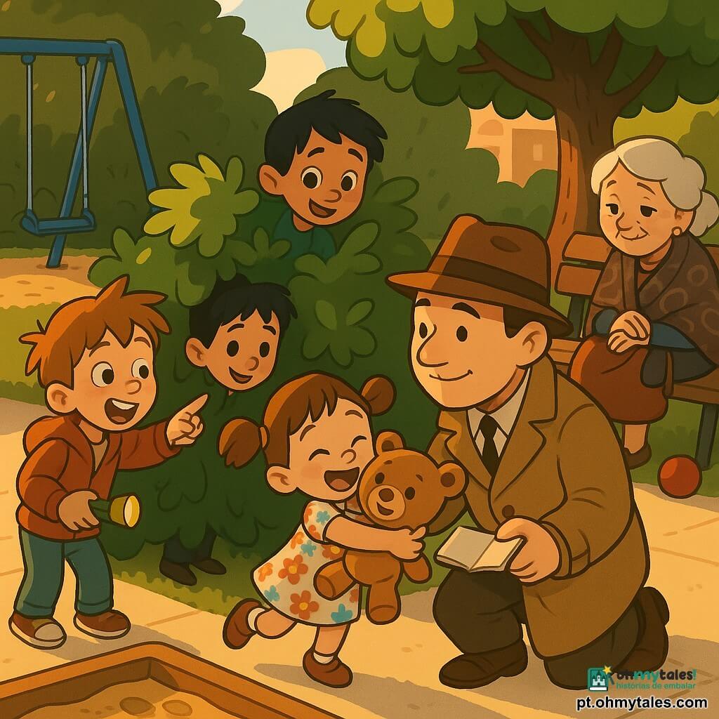 Um detetive sorridente mas concentrado, rosto rondo, chapéu de feltro castanho e sobretudo claro ligeiramente amarrotado, ajoelhado com um pequeno caderno na mão direita, observa uma pelúcia; ao seu lado esquerdo, Lucas (cerca de 5 anos), cabelo castanho claro despenteado e jaqueta vermelha, aponta excitado para um arbusto e segura uma pequena lanterna amarela; um menino travesso (cerca de 6 anos) de cabelos negros curtos puxa a pelúcia Rufus de dentro do arbusto, meio escondido e com expressão envergonhada mas sorridente; à frente do detetive, uma menina de ~5 anos de tranças e vestido floral pula de alegria abraçando o ursinho; numa cena de parque ao entardecer (baloiço azul, caixa de areia com pegadas, arbustos verdes, caminho calcetado e banco de madeira sob uma árvore), uma senhora idosa sentada num banco com xale observa com um sorriso tímido; momento de revelação alegre com atmosfera leve e colorida, foco na pelúcia Rufus.