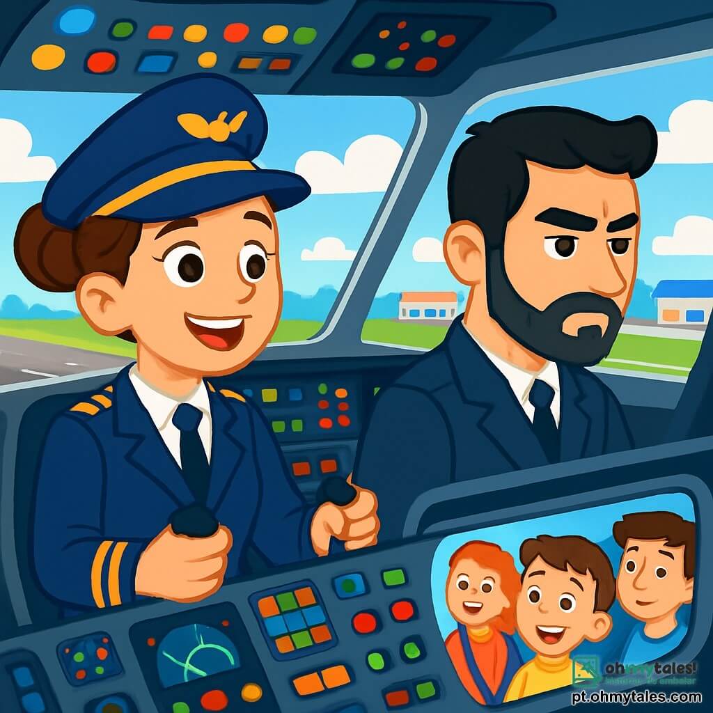Uma piloto mulher, Ana, com cabelos castanhos presos em um coque, usa um macacão de piloto azul-marinho e um quepe brilhante. Ela tem um sorriso confiante e olhos brilhantes de excitação enquanto está no cockpit de um grande avião, com as mãos nos controles, pronta para decolar. Ao seu lado, seu co-piloto, João, um homem de cerca de 30 anos com cabelos pretos e barba bem cuidada, observa os instrumentos com concentração, mostrando uma expressão de determinação. O cockpit está cheio de luzes piscando e instrumentos coloridos, com grandes janelas oferecendo uma vista espetacular de um céu azul salpicado de nuvens brancas. Ao fundo, vê-se a pista do aeroporto, cercada por prédios e veículos de manutenção. A situação principal mostra Ana e João preparando o voo, com Ana anunciando aos passageiros pelo sistema de som, explicando as maravilhas da aviação, enquanto os passageiros, maravilhados, olham pelas janelas, ansiosos para decolar em novas aventuras.