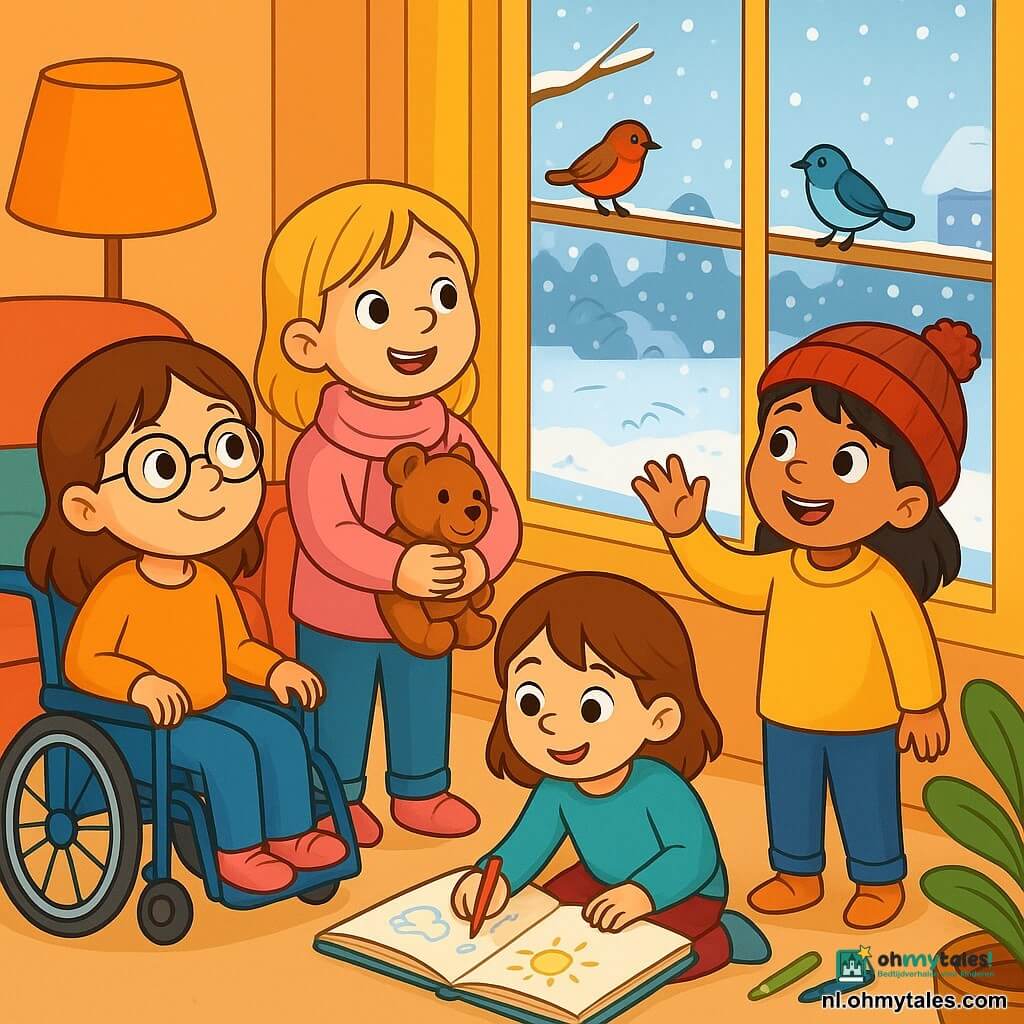 Er zijn 4 kinderen: - Fenna: een 6-jarig meisje, zij zit in een mooie blauwe rolstoel, heeft bruin haar en een bril. Ze kijkt verwonderd naar buiten. - Noor: een 6-jarig meisje, zij heeft blond haar en draagt een zachte roze sjaal. Ze houdt een knuffel vast en lacht terwijl ze naar de vogels kijkt. - Laila: een 6-jarig meisje, zij heeft zwart haar en draagt een rode muts. Ze staat bij het raam en telt de vogels op het balkon. - Milou: een 6-jarig meisje, zij heeft kastanjebruin haar en tekent in een groot schrift met kleurpotloden. Ze zit op de grond, dichtbij Fenna. De plek is een warm en uitnodigend appartement met een grote zachte bank en kleurrijke kussens. Het zachte licht van een lamp verlicht de kamer, terwijl de sneeuw zachtjes buiten valt en de tuin bedekt met een witte deken. De ramen zijn licht beslagen, wat een vleugje magie aan de sfeer toevoegt. De kinderen observeren de vogels in de sneeuw, verwonderd door hun schoonheid. Ze zijn samen, delen lachen en glimlachen, en creëren een moment van vreugde en vriendschap in de winter.