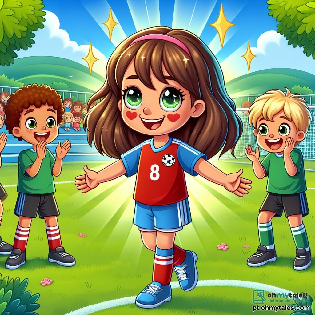 Uma menina de 8 anos, Sofia, está no centro da imagem, com longos cabelos castanhos e olhos brilhantes de alegria. Ela usa uma camisa de futebol vermelha e um short azul, com um grande sorriso iluminando seu rosto após marcar um gol. Seus braços estão levantados em sinal de vitória, e há uma expressão de confiança em seu olhar. À sua direita, Lucas, um garoto de 8 anos com cabelos loiros e olhos verdes, aplaude entusiasticamente. Ele veste uma camiseta verde e um short preto, e seu rosto brilha de orgulho por sua amiga. À sua esquerda, Clara, uma menina de 7 anos com cabelos cacheados e uma faixa rosa, pula de alegria, com os braços levantados, compartilhando a emoção do momento. O cenário é um campo de futebol verde, cercado por árvores com folhas vibrantes sob um céu azul claro. Ao fundo, crianças brincam, pais aplaudem e balões coloridos flutuam no ar. A cena principal mostra Sofia, cheia de confiança, celebrando seu primeiro gol com seus amigos, ilustrando o tema da autoconfiança e da amizade.
