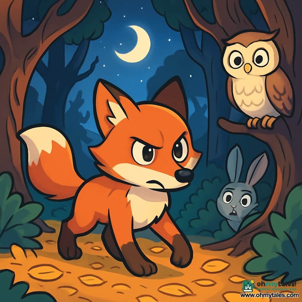 A bright russet fox with lively, mischievous eyes stands at the center of the scene, its expression determined and brave. It cautiously moves through the forest, its delicate paws treading on the ground covered with golden leaves. To its right, a soft white owl with round wise eyes silently watches, its anxious gaze revealing fear. Further away, a small gray rabbit with large ears hides behind a bush, trembling in fear, its wide eyes fixed on the fox. The scene takes place in the Whispering Forest, where majestic trees with gnarled trunks rise towards a starry sky, bathed in silver light. Shadows dance around the trunks, creating a mysterious and slightly unsettling atmosphere. The fox, though nervous, bravely advances towards the heart of the forest, ready to confront the big bad wolf whose howl echoes in the distance, while the owl and rabbit watch, torn between admiration and fear.