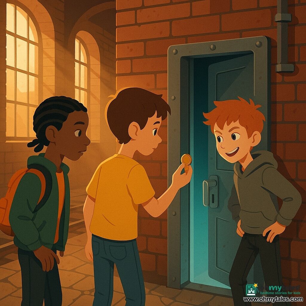 Three 12-year-old boys stand before a narrow steel door inset in a small metal panel on the wall of an abandoned red-brick station with cracked flagstones and rusty rails: a brown-haired boy in a yellow T-shirt and blue jeans holds a small brass token that glows faintly; a black-haired boy with braided hair, a green jacket and an orange backpack floating slightly beside him watches the door curiously; a tousled red-haired boy in a gray hoodie stands to the right with hands on hips and a mischievous smile, as a blue-turquoise light escapes the opened time portal and brushes their faces, evening light filtering through high windows with dust rays, warm ochre and brick tones contrasted with cool metallic grays, simple vector shapes, soft shadows, harmonious palette, mysterious inviting atmosphere.