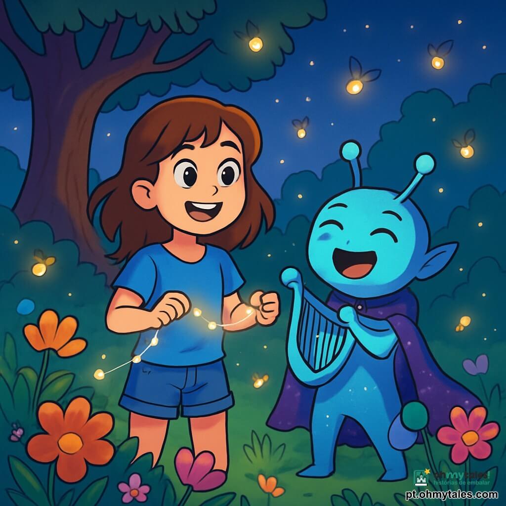 Uma menina de 12 anos, Clara, está no centro do jardim, com olhos brilhantes de curiosidade e um largo sorriso no rosto. Ela tem cabelos castanhos ondulados que caem sobre os ombros, vestindo uma camiseta azul e um short de jeans. Clara segura um cordão luminoso nas mãos, observando com admiração uma criatura extraterrestre ao seu lado.

Zara, a guardiã intergaláctica, é uma pequena criatura azul com grandes olhos redondos e antenas delicadas. Ela usa uma capa cintilante que brilha sob a luz das estrelas, e está ao lado de Clara, sorrindo com orgulho.

O jardim é um lugar mágico, cheio de flores coloridas que se abrem suavemente sob a luz do crepúsculo. Vaga-lumes dançam ao redor deles, iluminando a paisagem verde, enquanto um velho carvalho majestoso se ergue ao fundo, com seus galhos estendidos como braços protetores.

A cena principal mostra Clara e Zara celebrando sua vitória após salvar o jardim de uma ameaça invisível. Clara ri alegremente, enquanto Zara toca seu estranho instrumento, criando uma atmosfera festiva e mágica.