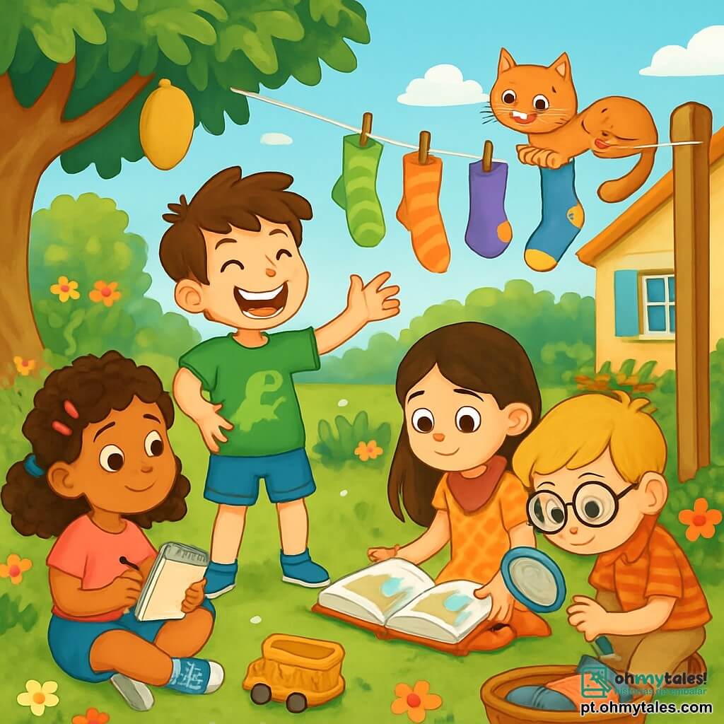 Há 4 crianças: - Lina: uma menina de 8 anos, com cabelos cacheados e ganchos coloridos, vestindo uma camiseta rosa e um short de jeans. Ela está sentada na grama, segurando um bloco de notas e um lápis, pronta para anotar suas descobertas. - Tomás: um menino de 8 anos, com cabelos castanhos bagunçados e um grande sorriso. Ele usa uma camiseta verde com um dinossauro e shorts azuis. Ele está em pé, fazendo gestos exagerados como se estivesse contando uma piada. - Sofia: uma menina de 8 anos, com cabelos longos e lisos, usando um lenço vermelho no pescoço e um vestido florido. Ela está agachada, folheando um livro de histórias, com uma expressão intrigada. - Lucas: um menino de 8 anos, com óculos redondos e cabelos loiros. Ele usa uma camisa xadrez e calças bege. Ele está inclinado, observando uma lupa que segura na mão, com uma expressão séria. O local é um jardim ensolarado, cheio de flores coloridas e uma grande mangueira sombreada. Ao fundo, vê-se uma casa com janelas azuis e uma pequena horta. Brinquedos estão espalhados pela grama, e um velho carrinho de jardim está cheio de roupas. A situação principal mostra as crianças em plena investigação, procurando meias desaparecidas, com expressões de curiosidade e excitação em seus rostos. Meias coloridas estão penduradas no varal, flutuando ao vento, enquanto uma pequena gata as observa com olhos travessos.