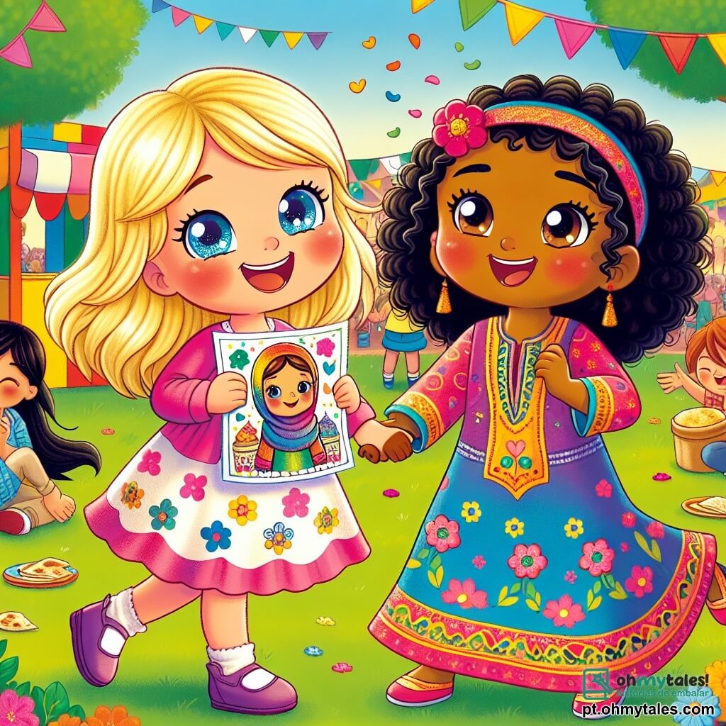 Uma menina de 4 anos, Clara, com cabelos loiros e olhos brilhantes, sorri alegremente enquanto segura um desenho colorido de sua família em suas mãos. Ela usa um vestido rosa com padrões de flores e está no centro da imagem, radiante de entusiasmo. Ao lado dela, Aisha, uma menina de 4 anos de origem árabe, com cabelos negros e cacheados, veste uma linda roupa tradicional colorida. Ela também sorri, segurando um pedaço de pão naan em sua mão, pronta para compartilhar com Clara. As duas meninas estão cercadas de risos e brincadeiras, simbolizando sua amizade. O cenário é um parque escolar vibrante, cheio de cores: árvores verdes, flores brilhantes e barracas decoradas para o Festival da Diversidade. Crianças brincam e dançam ao fundo, criando uma atmosfera festiva e alegre. A situação principal mostra Clara e Aisha, de mãos dadas, compartilhando sorrisos e descobertas, celebrando sua amizade e a beleza de suas diferenças no meio das festividades coloridas.
