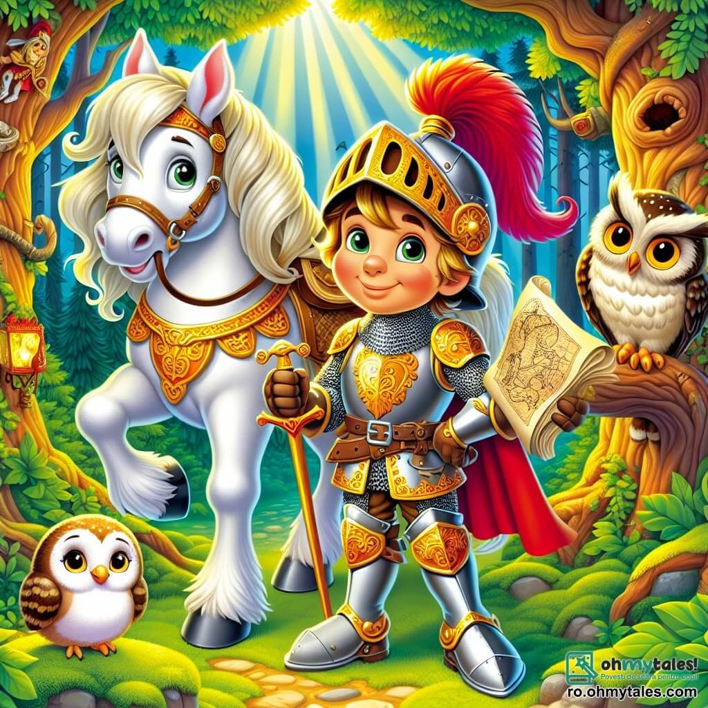 Un cavaler curajos, Sir Andrei, stă mândru în centrul imaginii, purtând o armură strălucitoare, ornata cu motive aurii, și un coif cu o pană roșie care flutură în vânt. Fața lui exprimă determinare și curiozitate, cu ochi strălucitori și un zâmbet încrezător. Lângă el, calul său fidel, Fulger, are o coamă mătăsoasă și ochi blânzi, privind cu loialitate către stăpânul său. În colțul imaginii, o bufniță înțeleaptă, cu pene maronii și aurii, îl observă atent pe Sir Andrei de pe o ramură a unui copac măreț, pregătită să-i ofere sfaturi. Fundalul este o pădure misterioasă, cu copaci înalți și trunchiuri noduroase, iar razele de soare străbat frunzișul, creând umbre dansante pe solul acoperit de mușchi. Sir Andrei, ținând o hartă veche în mâini, este pregătit să pornească în aventură pentru a descoperi secretul ascuns al pădurii, iar bufnița pare gata să-i dezvăluie misterele călătoriei sale.