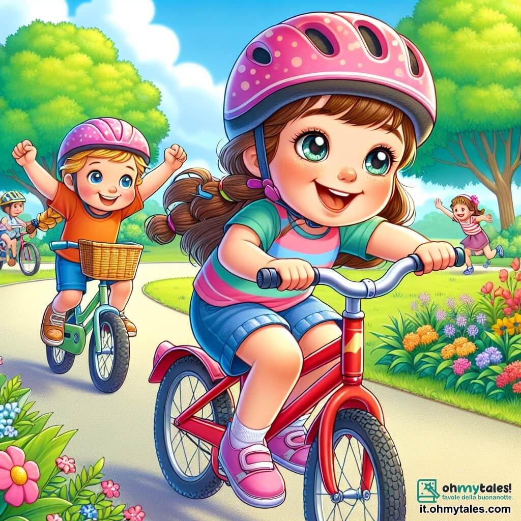 Una bambina di 4 anni, di nome Giulia, con lunghi capelli castani e occhi scintillanti di gioia, sta pedalando sulla sua bicicletta rossa in un parco soleggiato. Indossa un casco rosa e una maglietta a righe colorate, mostrando un grande sorriso sul volto, piena di eccitazione e determinazione. Accanto a lei, un'altra bambina, Sara, anch'essa di 4 anni, con capelli biondi intrecciati e un vestito blu a pois, la incoraggia alzando le braccia, mostrando il suo entusiasmo. Il parco è verde, con grandi alberi dalle foglie brillanti, fiori colorati lungo il sentiero e un cielo azzurro chiaro con alcune nuvole bianche. Si vedono altri bambini che giocano in lontananza, aggiungendo un'atmosfera gioiosa e dinamica. La scena principale mostra Giulia e Sara che pedalano insieme, ridendo e incoraggiandosi a vicenda, mentre un uomo sorridente, il famoso ciclista Marco, le osserva con orgoglio, pronto a dare consigli.
