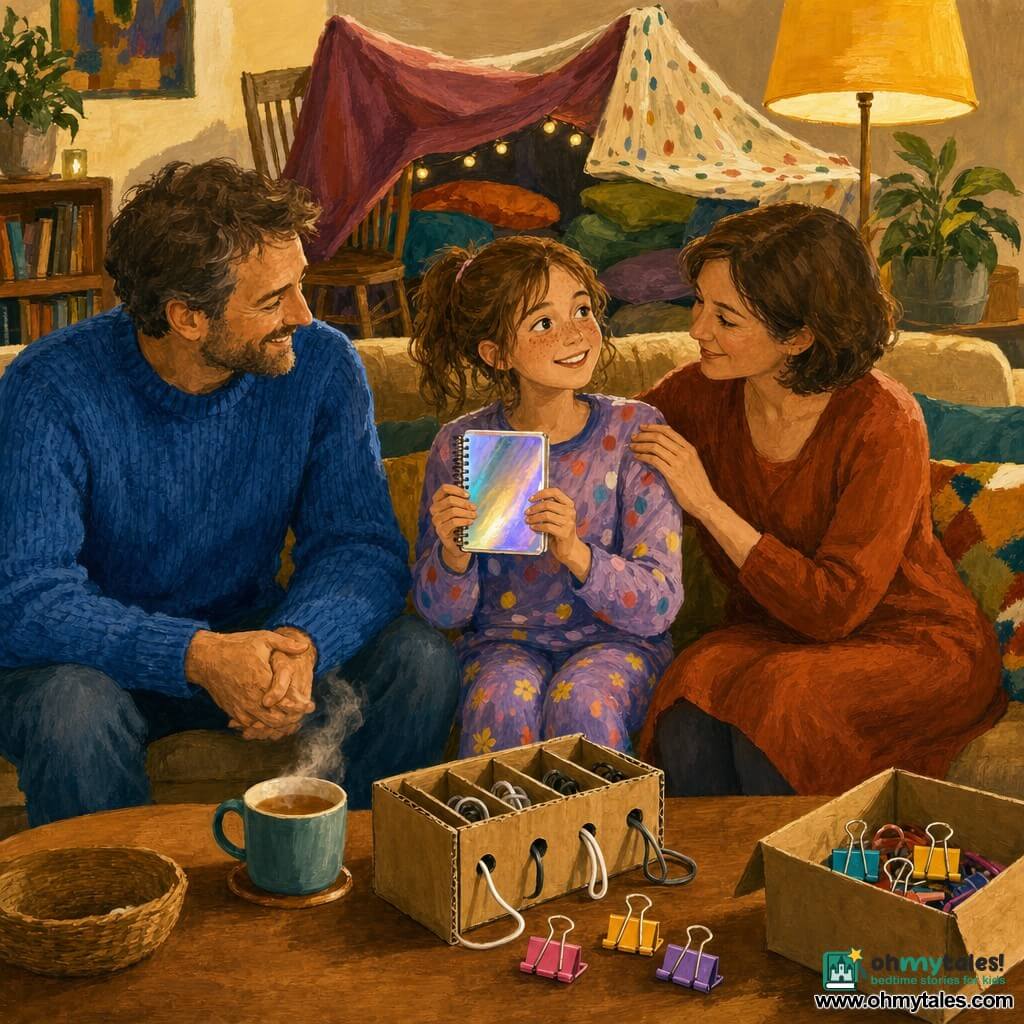 12-year-old girl, enthusiastic and calm, round freckled face, messy light brown ponytail, colorful pajamas, holding a small shiny spiral notebook and proudly showing a recycled cardboard cable organizer on the couch; father (about 40), smiling with light beard, blue wool sweater, seated left on the couch with an encouraging look and a steaming cup of tea on the coffee table; mother (about 38), gentle, short brown hair, comfortable dress, seated right with a tender smile and her hand on the girl's shoulder; warm, lively living room with a blanket fort over two chairs, stacked cushions and a cushion trail on the couch, yellow lampshade casting soft light, tea cup, cardboard box and colorful binder clips on the table, shiny parquet floor; main scene: intimate family moment where the girl presents her homemade cable organizer and idea notebook, everyone smiling and encouraging her, cozy atmosphere with warm colors and visible gouache textures.