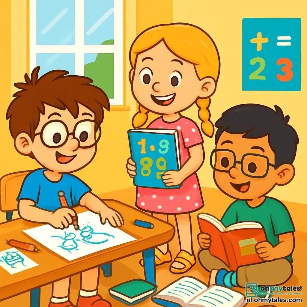 Er zijn 3 personages: - Tom: een 8-jarig jongen met rommelig bruin haar en ronde bril. Hij draagt een blauwe t-shirt en een rode short. Hij zit aan een tafel met een potlood in de hand en tekent een stripfiguur. - Sem: een 8-jarig meisje met gevlochten blond haar en een stralende glimlach. Ze draagt een roze jurk met stippen en gele sandalen. Ze staat naast Tom en houdt een wiskundeschrift met kleurrijke cijfers vast. - Amir: een 8-jarig jongen met zwart haar en rechthoekige bril. Hij draagt een groene t-shirt en een beige broek. Hij zit op de grond, omringd door open boeken, en leest een boeiend verhaal. De locatie is een heldere klaslokaal met gele muren en kleurrijke posters over wiskunde en lezen. Ramen laten zonlicht binnen, dat de houten bureaus verlicht waar potloden, vellen en educatief speelgoed verspreid liggen. De belangrijkste situatie toont Tom, Sem en Amir, allemaal glimlachend en geconcentreerd, terwijl ze hun creatieve ideeën delen voor een schoolproject. Tom tekent enthousiast, Sem denkt na over wiskundeproblemen en Amir leest hardop een passage uit zijn boek, wat een vrolijke en samenwerkende sfeer creëert.