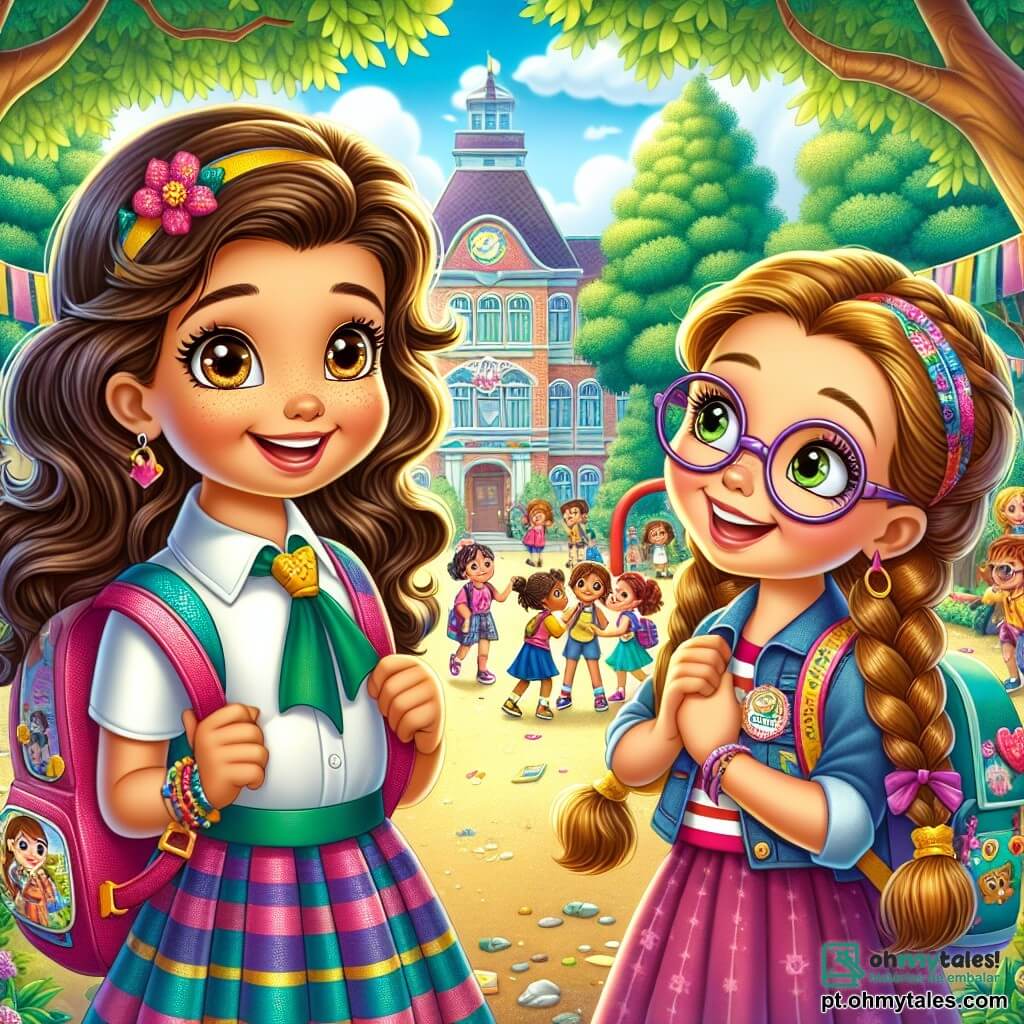 Uma menina de 10 anos, Sofia, com longos cabelos castanhos e olhos brilhantes, está no centro do palco, sorridente e cheia de entusiasmo. Ela usa um uniforme escolar colorido, com uma mochila cheia de materiais escolares, e observa ao seu redor com curiosidade. À sua direita, Clara, outra menina de 10 anos, com cabelos loiros trançados e óculos redondos, sorri alegremente segurando um crachá personalizado. Ela parece à vontade e feliz por ter encontrado uma amiga. O cenário é a quadra de uma escola primária animada, cercada por grandes árvores verdes e brinquedos coloridos. Crianças brincam e riem ao redor, criando uma atmosfera alegre e acolhedora. A cena principal mostra Sofia e Clara conversando e rindo juntas, cercadas por outras crianças que participam de jogos de boas-vindas, simbolizando o início de um novo ano escolar cheio de amizade e aventuras.
