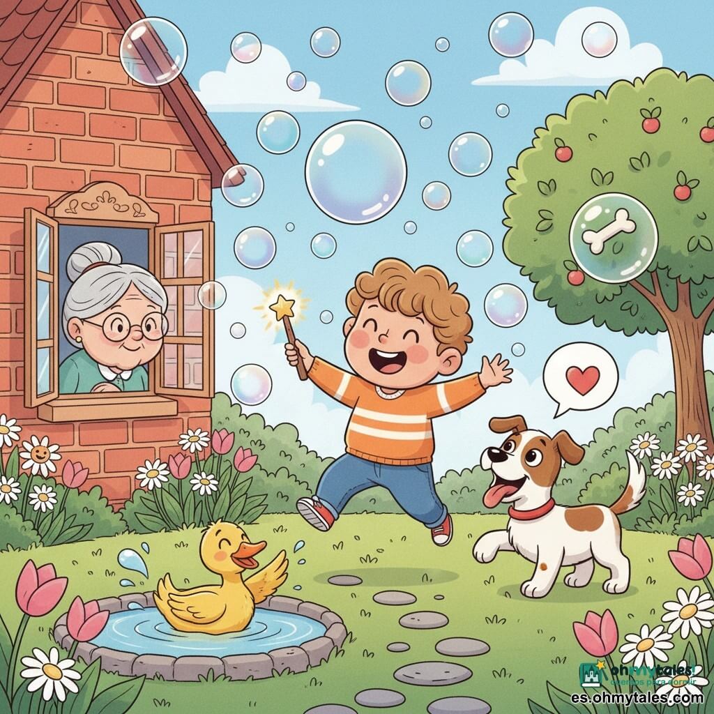 Niño de 2 años alegre, cabello castaño claro rizado, sonriente y saltando entre burbujas con una pequeña varita de madera brillante con estrellas doradas; a su lado, el perro de la familia Rufus, mediano, marrón con manchas blancas, ojos vivos y lengua fuera, ladra y mueve la cola; una abuela de unos 65 años, cabello gris recogido y gafas redondas, sonríe apoyada en la ventana de una casita de ladrillo rojo a la izquierda; un pato amarillo nada en un estanque redondo salpicando burbujas; jardín colorido con césped tierno, margaritas y tulipanes, un sendero de piedra y un árbol frutal; escena central de lluvia de burbujas translúcidas e irisadas, flores con caritas sonrientes que parecen cantar y el niño en el centro riendo mientras intenta atraparlas; estilo simple, formas redondeadas, colores pastel saturados, contornos suaves, sombras ligeras, ambiente cálido y humor ligero.