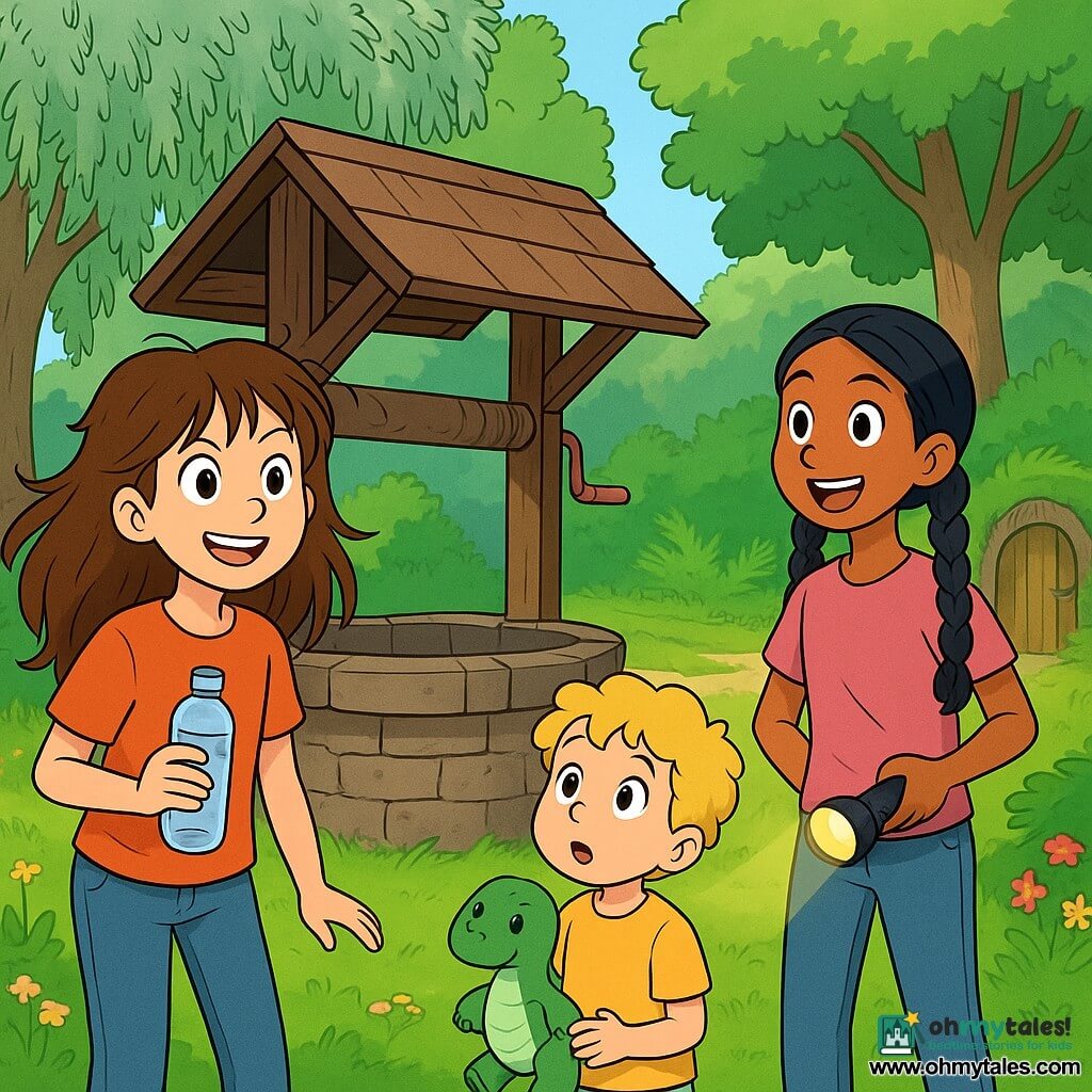 A 10-year-old girl, Ellie, with messy long brown hair, a determined smile, and sparkling eyes full of excitement, stands in front of an old wooden well, holding a water bottle. Next to her is her 4-year-old brother Max, with blonde curls and a stuffed dinosaur under his arm, looking on in admiration with wide eyes. A little further away, her best friend Zara, a 10-year-old girl with braided black hair, holds a flashlight, ready to explore. The setting is a green park with majestic trees, colorful flowers, and an old willow with silver leaves shimmering in the sun. In the background, a dirt path leads to a mysterious wooden door, half-hidden by ferns. The main scene shows Ellie and her friends discovering the secret well, filled with enthusiasm and curiosity, ready for an incredible adventure together.