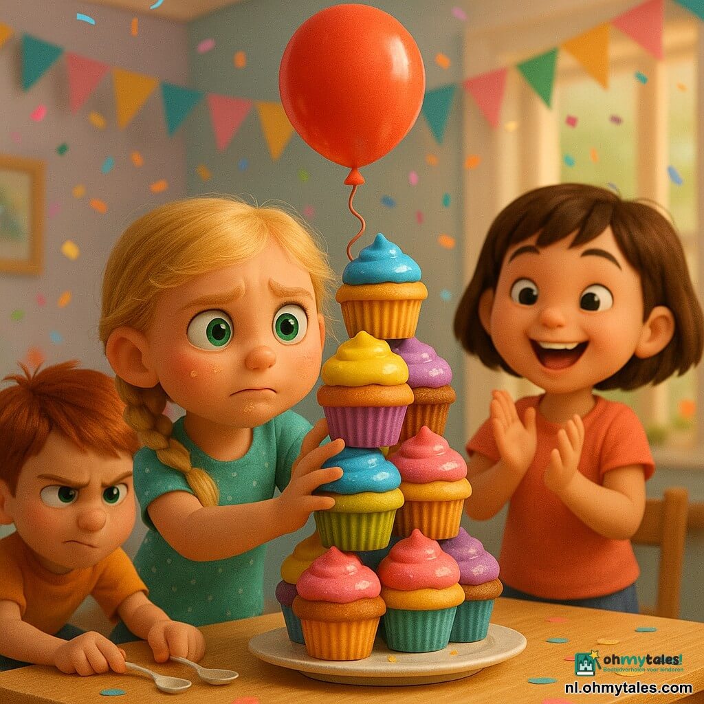 Een 8-jarig meisje met blond gevlochten haar, heldergroene ogen en kruimelig gezicht kijkt geconcentreerd en bezorgd terwijl ze haar armen uitstrekt om een hoge, wiebelige toren van glanzende cupcakes te stabiliseren; rechts applaudisseert en moedigt haar vriendin Emma (ongeveer 8, kort bruin haar) met opgeheven handen; links hurkt Timmy (ongeveer 9, rossig warrig haar) met twee plastic lepels als steun, vastberaden kijkend; een glanzende rode ballon zweeft boven de toren en raakt bijna de top; feestzaal in pasteltinten met slingers, stippen tafelkleden, warme verlichting, confetti en een grote houten tafel vol kleurrijke cupcakes; hoofdactie: vrolijke spanning terwijl de kinderen de wankele cupcake-toren proberen te redden van de ballon.