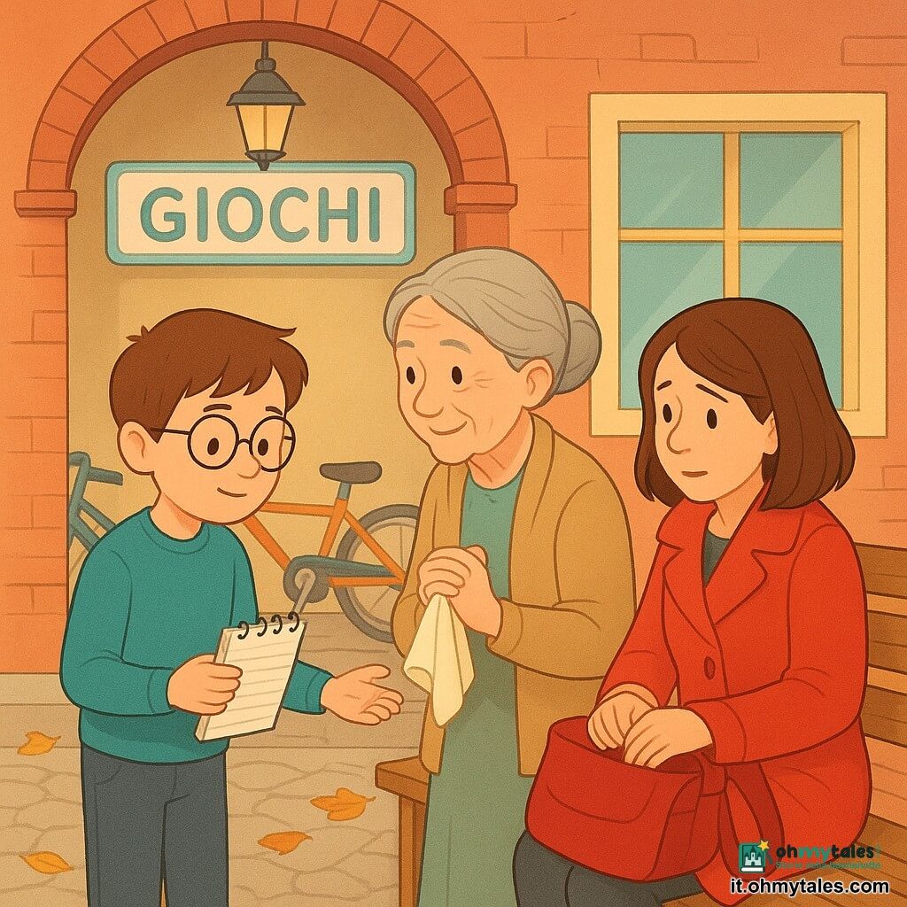 Un ragazzo di 10 anni dal viso rotondo, capelli castani corti e occhiali rotondi guarda concentrato e sollevato, tiene un piccolo taccuino a spirale e un lembo di tessuto crema appuntato tra le dita; Marta, circa 60 anni, capelli grigi raccolti in uno chignon, pelle rugata, tiene il fazzoletto di seta crema stretto sul petto, commossa e sorridente, in piedi vicino al ragazzo; Anna, circa 35 anni, cappotto rosso vivo, capelli castani sciolti, è seduta su una panchina nel piccolo portico davanti a una sala giochi, la sua grande borsa rossa è aperta e si intravede l'angolo del fazzoletto all'interno, espressione un po' imbarazzata ma benevola; scena della restituzione: Luca mostra la prova sul taccuino, Anna porge il fazzoletto ritrovato, Marta lo riceve con emozione; luce mattutina soft, palette calda, forti contrasti, composizione umana a triangolo.