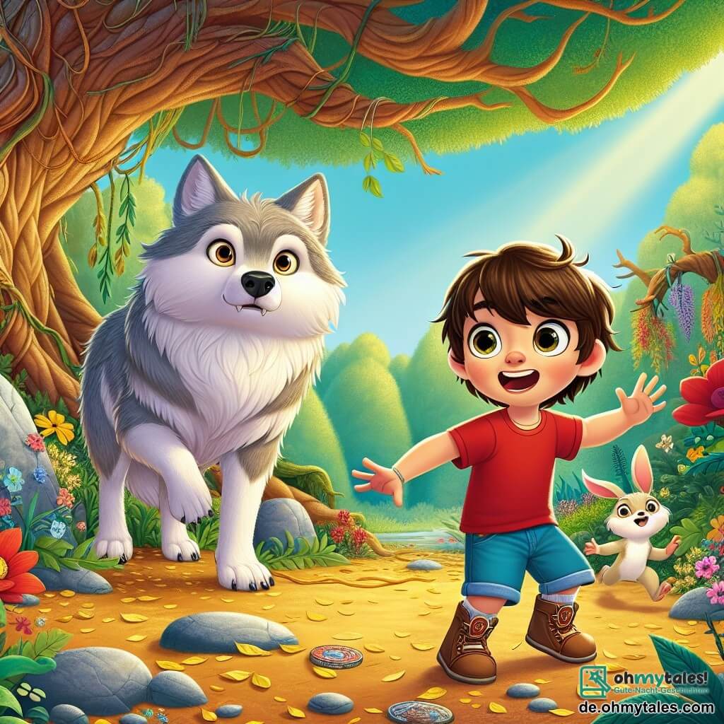 Ein dreijähriger Junge namens Jonas mit zerzausten braunen Haaren und neugierigen, funkelnden Augen steht mutig vor einem großen grauen Wolf. Er trägt ein rotes T-Shirt und eine blaue Shorts, und sein Gesicht zeigt sowohl Aufregung als auch ein leichtes Zittern vor Angst. An seiner Seite hüpft sein Freund Hopsi, ein kleiner Hase mit großen Ohren und weißem Fell, fröhlich und zeigt Jonas mit einem ermutigenden Lächeln seine Unterstützung. Die Szene spielt sich am Fuß eines riesigen alten Baumes ab, dessen Äste sich wie schützende Arme ausbreiten, umgeben von bunten Blumen und glänzend grünen Blättern. Der Boden ist mit goldenen Blättern und kleinen Steinen bedeckt, was eine magische Atmosphäre schafft. Die Hauptsituation zeigt Jonas und Hopsi, die dem Wolf gegenüberstehen, der eher neugierig als bedrohlich wirkt, während sie ihm anbieten, Freunde zu werden und ihn zu einer Feier im Wald einzuladen. Die Stimmung ist sowohl angespannt als auch voller Hoffnung, mit Sonnenstrahlen, die durch die Äste filtern und den entscheidenden Moment dieser Begegnung beleuchten.