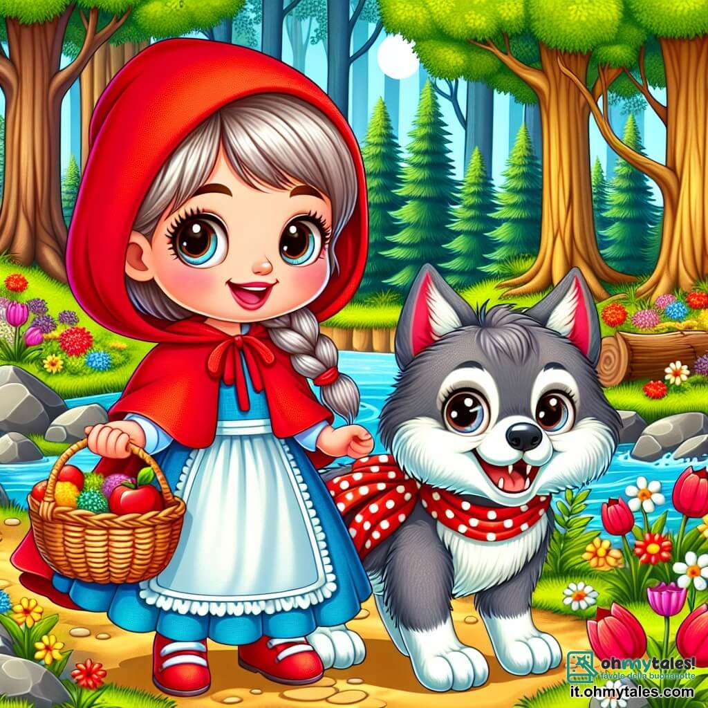 Il Piccolo Cappuccetto Rosso, una bambina gioiosa di circa 8 anni, indossa un mantello rosso vivo e un cappuccio che incornicia il suo viso sorridente. I suoi occhi brillanti di curiosità scintillano sotto la luce del sole, mentre tiene un cesto di vimini pieno di deliziose prelibatezze. Accanto a lei c'è un Lupo amichevole, un animale con pelliccia grigia e morbida, che indossa una sciarpa a pois colorati e occhiali rotondi. Sorride ampiamente, mostrando i suoi denti bianchi, e aiuta il Piccolo Cappuccetto Rosso a raccogliere rifiuti nel bosco. Il luogo è un magnifico bosco incantato, dove alberi maestosi con tronchi spessi si ergono verso il cielo, le cui foglie verdi brillano sotto i raggi del sole. Fiori multicolori, come tulipani e margherite, punteggiano il terreno, mentre un ruscello cristallino serpeggia tra le rocce, cantando una dolce melodia. La scena principale mostra il Piccolo Cappuccetto Rosso e il Lupo in azione, ridendo e divertendosi mentre puliscono il bosco, raccogliendo rifiuti con entusiasmo e trasformando il luogo in uno spazio magico e pulito, dove la natura rinasce.