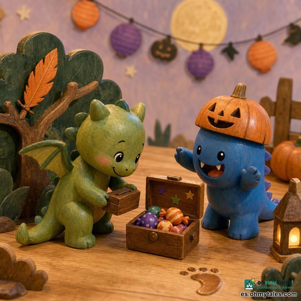Lila, una pequeña dragoncita de madera pintada de verde claro, de alas cortas y cola redonda, tímida y sonriente, se inclina para recoger una caja brillante abierta sobre una mesa de madera clara llena de dulces de madera y pegatinas en forma de estrellas; junto a ella, Tito, un monstruito de madera azul de rostro redondo y dientes suaves, alegre con un sombrero de calabaza de madera, señala la caja; al fondo, un arbusto de madera verde oscuro oculta una pluma naranja pegada a una rama y en la mesa hay una huella brillante; guirnaldas de farolillos naranja y violeta sobre una pared pastel y una luna amarillenta completan el ambiente cálido y contrastado con texturas de madera visibles.
