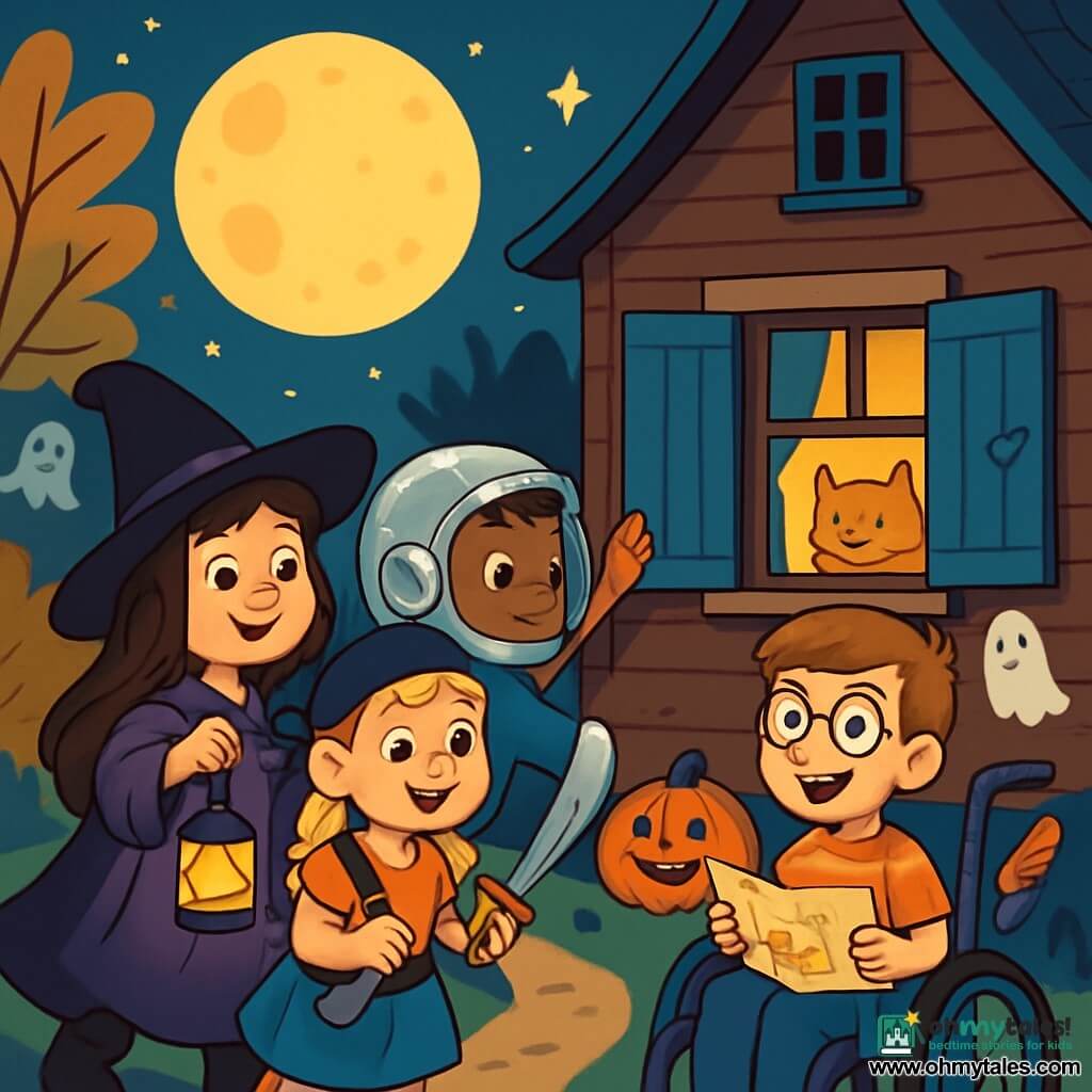 There are four children: Mia, a 7-year-old girl with long brown hair and sparkling eyes, wearing a large black witch hat, a purple coat, and holding a small star-shaped lantern; Omar, a 7-year-old boy with short hair and caramel skin, wearing a shiny silver astronaut helmet and a blue t-shirt, leaning forward curiously looking at a window; Lucy, a 7-year-old girl with braided blonde hair and a red headband, dressed as a pirate with a black scarf and a paper sword, proudly standing next to Mia; and Ben, a 7-year-old boy with round glasses and brown hair, sitting in a blue wheelchair decorated with a colorful feather, smiling and holding a map, observing the path ahead. The scene takes place in front of an old wooden house on a hill with blue shutters gently swaying in the wind, under a starry night with a large moon illuminating the gravel path leading to the house, surrounded by trees with golden leaves. Halloween decorations, such as paper ghosts and smiling pumpkins, adorn the garden. The main situation shows the children gently closing the shutters of the house to protect Muffin, the cat, who is peacefully sleeping inside. They are all focused, with expressions of determination and joy, while the light from their lanterns creates a warm and magical atmosphere on Halloween night.