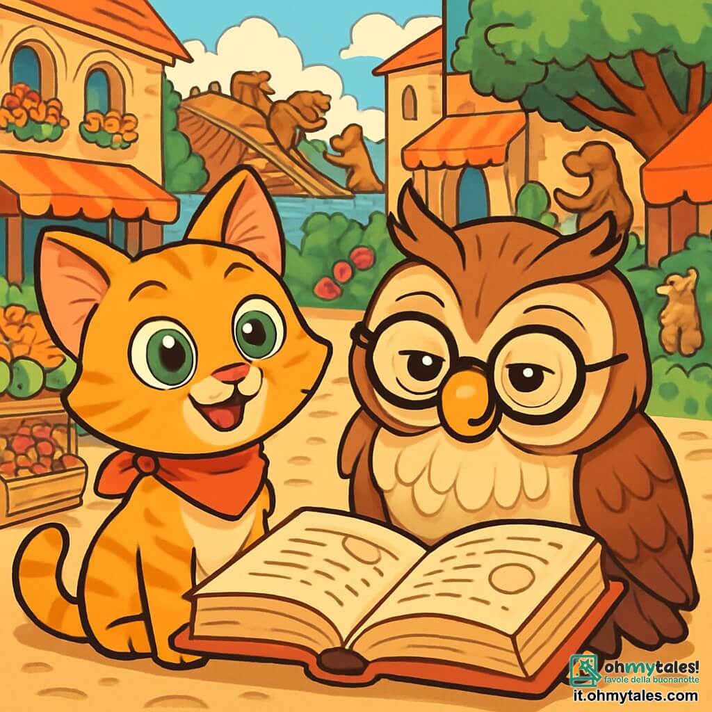 Un giovane gatto arancione con occhi verdi brillanti, Leo, si trova al centro dell'immagine, con un'espressione meravigliata. Il suo pelo è morbido e setoso, e indossa un piccolo foulard rosso attorno al collo. Accanto a lui, un saggio gufo dalle piume marroni e occhiali tondi, Chronos, osserva attentamente un antico libro aperto, con un'espressione seria ma benevola. Lo sfondo è un mercato vivace del Regno Antico di Leonia, con edifici in pietra decorati da fiori colorati e bancarelle piene di frutta e spezie. Castori stanno costruendo una grande diga sullo sfondo, mentre dei topolini raccontano storie a piccoli animali seduti intorno a loro. La scena mostra Leo e Chronos mentre scoprono la magia del viaggio nel tempo, circondati dall'allegria del mercato, con colori vivaci e dettagli affascinanti che evocano meraviglia e avventura.