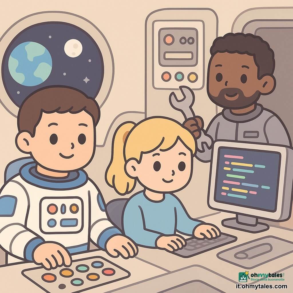 Un astronauta sorridente ma concentrato, viso rotondo, capelli castani corti, occhi vivaci, in tuta spaziale bianca e blu con dettagli colorati, tocca delicatamente un pannello di pulsanti luminosi; a destra, Sara, ~30 anni, capelli biondi raccolti in coda, siede davanti a uno schermo con codice colorato; Marco, ~32 anni, barba corta, espressione gioiosa, in tuta grigia con una chiave inglese, controlla un pannello motore sullo sfondo; cabina compatta con pareti crema e grigie, grandi schermi con icone semplici, LED multicolori, grande oblò che mostra la Terra e la Luna; scena di doppia verifica collaborativa, colori tenui e contrastati (bianco, azzurro, tocchi di giallo e rosa), stile grafico pulito, forme arrotondate, ombre leggere, texture piatte, atmosfera kawaii adatta ai bambini.