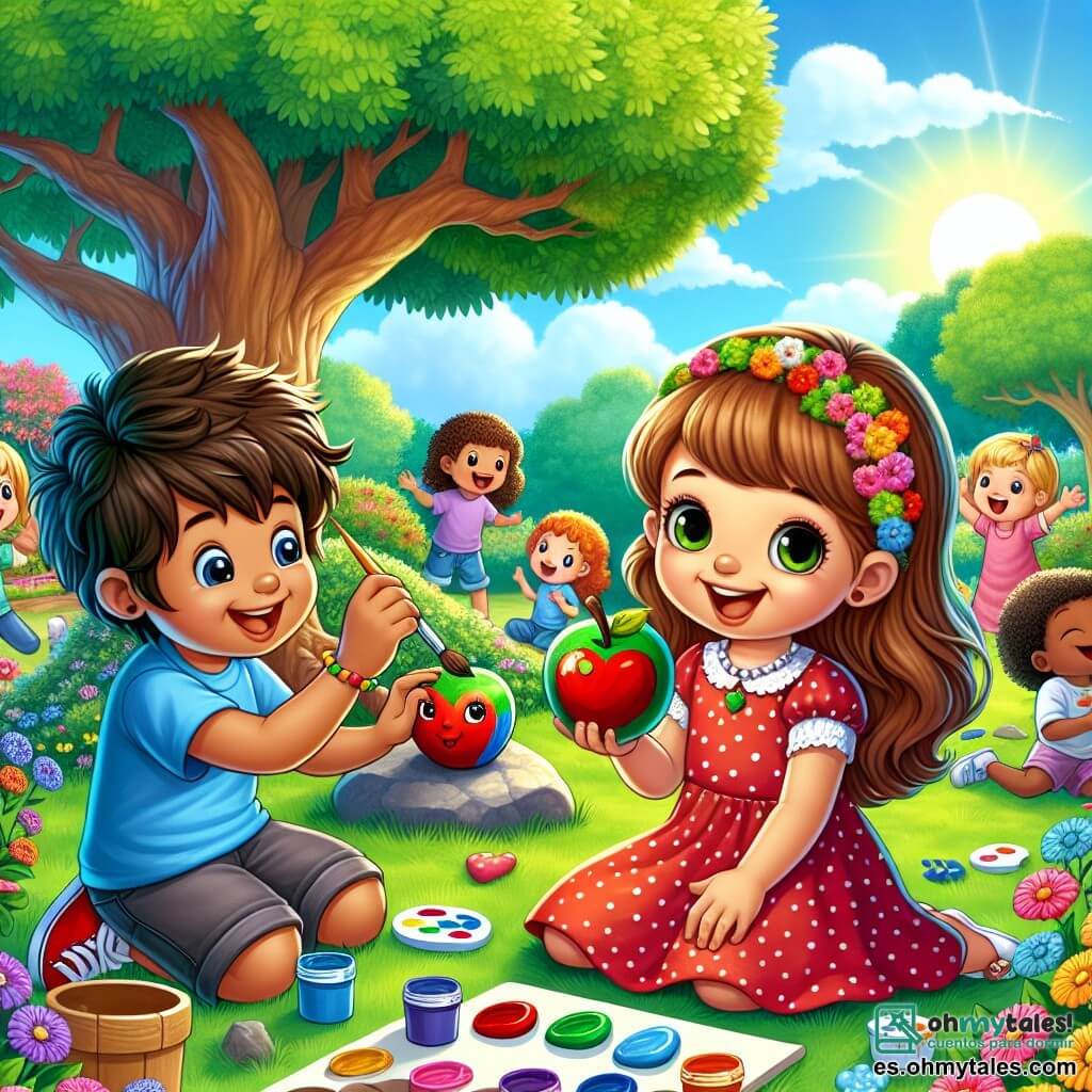 Una niña de 4 años, llamada Lucía, con largos cabellos castaños y ojos brillantes de alegría, está sentada en la hierba verde, sonriendo. Lleva un vestido rojo con lunares blancos y sostiene una piedra pintada en forma de manzana en sus manos, mostrando su entusiasmo. A su lado, un niño de 5 años, llamado Juan, con el cabello rubio desordenado y una camiseta azul, está pintando una piedra azul con un pincel. También sonríe, compartiendo la alegría de Lucía. El escenario es un campamento de verano soleado, rodeado de árboles majestuosos y flores coloridas, con un gran árbol sombrío en el centro y niños sentados alrededor, todos cautivados por la actividad de pintura. Lucía y Juan crean obras de arte con piedras, rodeados de otros niños que ríen y se divierten, mientras una suave brisa hace bailar las hojas de los árboles sobre ellos.