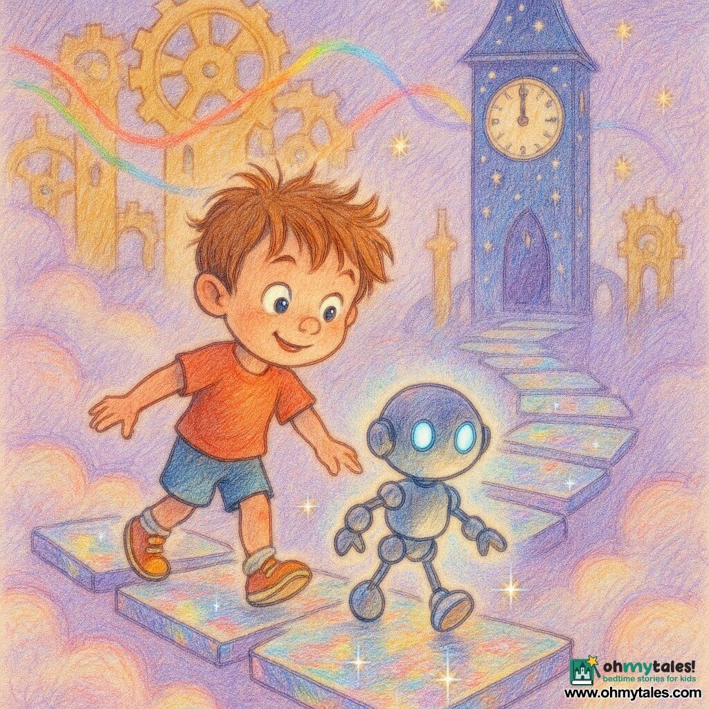 A small, energetic 6-year-old boy with big curious eyes, messy light brown hair and a concentrated, amazed smile walks on a floating crystal bridge, gently stepping on a glowing slab, while a small polished toy robot named Pip with blue LED eyes and round joints rolls at his right and slightly ahead emitting a soft halo of light; the bridge of translucent crystal slabs hangs above pastel clouds with golden gear-shaped towers connected by colorful electric ribbons, bathed in soft violet and silver light with rainbow reflections and tiny sparkles like fallen stars, as the boy and Pip cross toward a distant star-clock tower, evoking adventure, wonder and discovery.