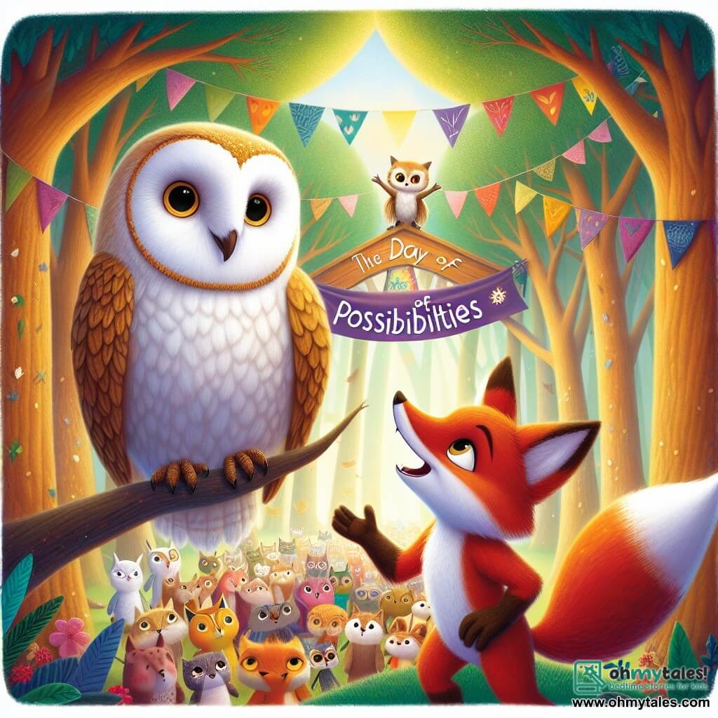 Oliver the Owl, with silky feathers and lantern-bright eyes, proudly perches on a tree branch, sporting a determined and joyful expression. He looks down, observing other animals with an encouraging smile, ready to inspire change. Beside him, Lily the Fox, with her bright orange fur and mischievous eyes, stands on her hind legs, gesturing enthusiastically. She radiates confidence and energy, ready to speak to the crowd. The setting is the Forest School, a magical place where tall trees with golden leaves create a natural canopy. Colorful banners flutter in the wind, and animals of all kinds gather in a festive atmosphere filled with laughter and joy. The main scene shows Oliver and Lily announcing the start of "Possibilities Day," an event where all animals, regardless of gender, can explore new roles and talents, celebrating equality and diversity in their community.