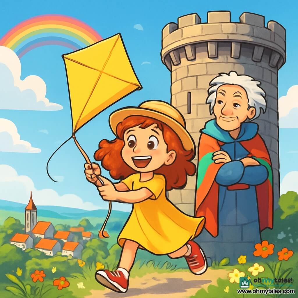 A 10-year-old girl, Ruby, with curly red hair, wears a straw hat and red sneakers. She has an excited smile on her face, her eyes sparkling with curiosity, as she holds a bright yellow kite in her hands. Next to her, the Kite Master, an elderly figure with tousled silver hair and a colorful cape, watches Ruby with a kind expression, arms crossed, ready to encourage her. The setting is the top of Belvedere, an ancient stone tower surrounded by wildflowers, offering a panoramic view of a picturesque village with red rooftops and lush trees. The sky is blue with a few floating white clouds, and a shimmering rainbow appears after recent rain. The main scene shows Ruby running with the kite, ready to launch it into the sky, while the gentle wind makes her dress and the flowers around her sway.