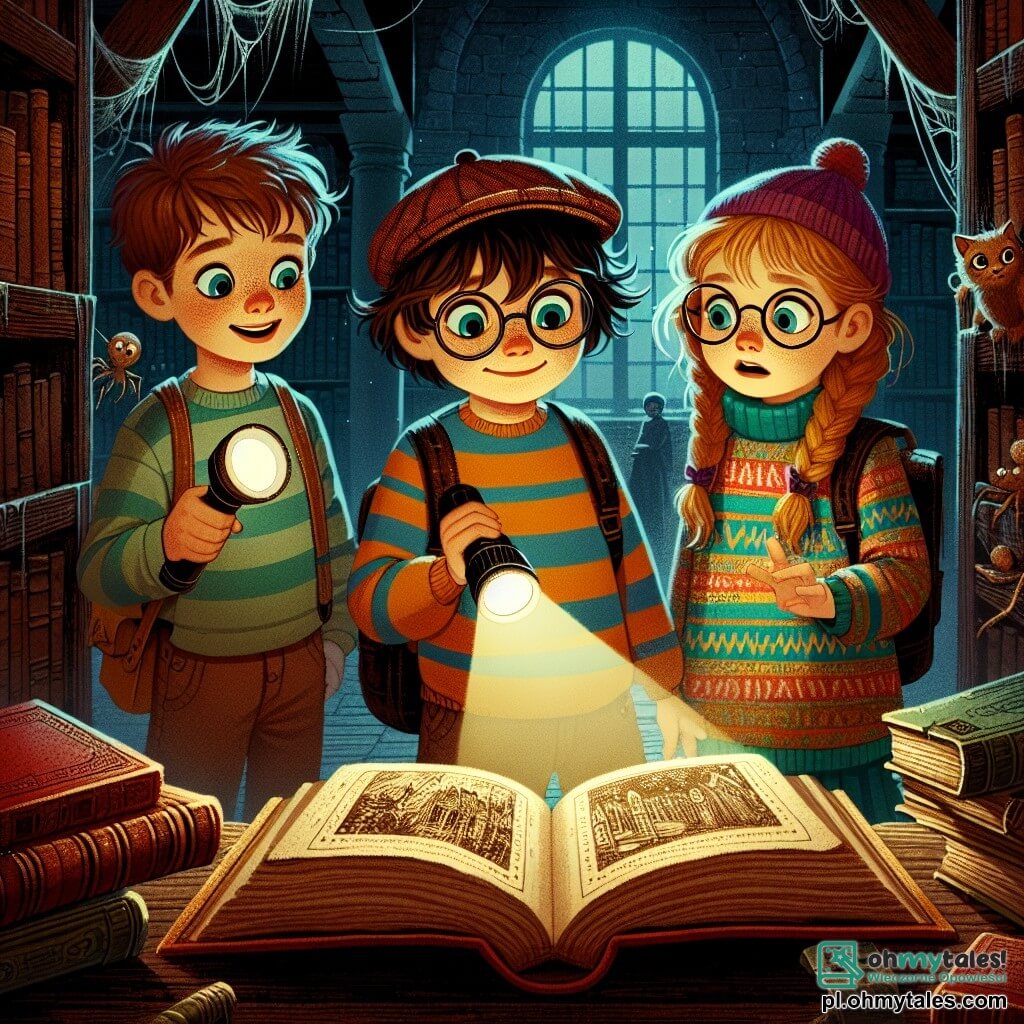 Dziesięcioletni chłopiec z rozczochranymi brązowymi włosami i w paskowanym t-shircie z ciekawością przygląda się starej bibliotece, jego oczy błyszczą z ekscytacji. Obok niego stoi dziewięcioletni chłopiec w okrągłych okularach i odwróconej czapce, trzymający latarkę, z wyrazem zmartwienia na twarzy. W końcu, dziesięcioletnia dziewczynka z długimi warkoczami blond włosów i kolorowym swetrem podchodzi do tajemniczej, starej książki, jej wzrok przyciągają ilustracje, które zdają się tańczyć na stronach. Scena rozgrywa się w ciemnej, zakurzonej bibliotece, gdzie drewniane regały są załadowane książkami z wytartymi okładkami. Pajęczyny zwisają w rogach, a przytłumione światło wpada przez brudne okno, rzucając niepokojące cienie na skrzypiącą drewnianą podłogę. Troje przyjaciół odkrywa starą, tajemniczą książkę, która zdaje się ich przyciągać, podczas gdy dziwne cienie zaczynają tańczyć wokół nich, tworząc atmosferę zarówno magiczną, jak i przerażającą.