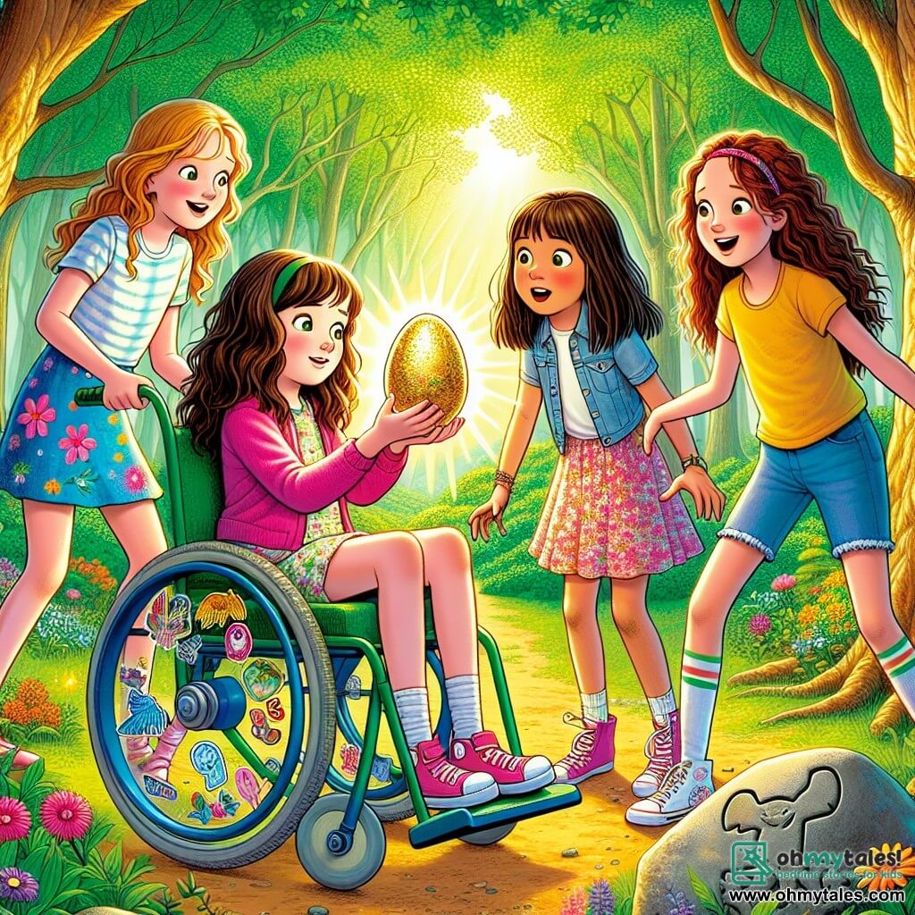 Four girls, aged 10 to 12, stand in a sunny clearing in the heart of a lush forest. Emily, a brunette with long curly hair, sits in a blue wheelchair decorated with colorful stickers, holding a mysterious shining egg in her hands. Next to her, Lucy, a girl with straight blonde hair, wears a pink dress and gazes at the egg in awe, her eyes wide. Mia, a girl with brown curly hair, jumps for joy in a yellow t-shirt and denim shorts, while Sophie, a girl with braided red hair, leans down to touch a stone engraved with an animal, wearing a floral skirt. The clearing is surrounded by majestic trees, their green leaves filtering sunlight and creating patterns of light and shadow on the ground. Colorful wildflowers dot the ground, adding a touch of magic to the setting. The girls discover a sparkling golden egg at the center of the clearing, a symbol of their Easter adventure, and prepare to solve the mystery that awaits them.