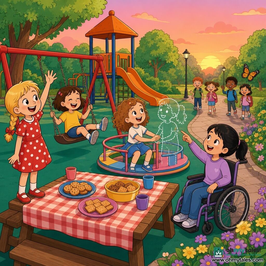 There are four girls: Lily, about 8, blond braids in a red polka-dot dress, standing on a small bench at left with arms raised and a big smile; Mia, about 7, short brown hair in a yellow T-shirt, sitting on a swing center-left with legs up, laughing; Emily, about 8, curly light-brown hair in a blue skirt, on the merry-go-round center holding an imaginary friend's hand and looking up playfully; Sophia, about 9, fair skin and tied black hair in a wheelchair at right near a flowered path, gently pointing at a butterfly and smiling. Setting: a colorful playground at dusk with green rubber ground, an orange elevated slide, red swings, a pastel-striped merry-go-round, a paved path lined with purple and yellow flowers, a large wooden picnic table with a checkered cloth, round-leaved trees and a pink-orange sky. Main scene: the four girls gathered around the picnic table sharing biscuits and laughing as a small group of children approaches on the path — warm, inclusive scene with bold lines, bright colors and clear, child-friendly composition.