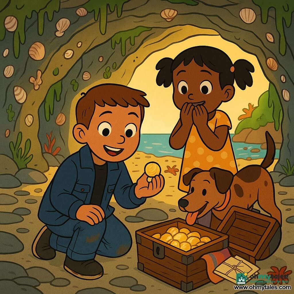 A 10-year-old boy with a proud, amazed expression, short brown hair and a navy jacket is crouched before a small open wooden chest, holding a gold coin in his palm; behind him stands 7-year-old Mira, smiling with black pigtails and a yellow polka-dot dress, hands to her mouth, looking at the chest; nearby the medium brown-speckled dog Buttons pants and wags its tail while sniffing the chest; they are in a low coastal cave with walls covered in shells and green seaweed, flat gray-ochre stones, golden light filtering through a crescent entrance to a pebble beach with a few starfish and red seaweed on the ground; the chest contains shiny coins, a morning-colored scarf and folded letters tied with string, creating a warm sense of discovery with light glinting on metal and detailed textures of wood, shells and paper.