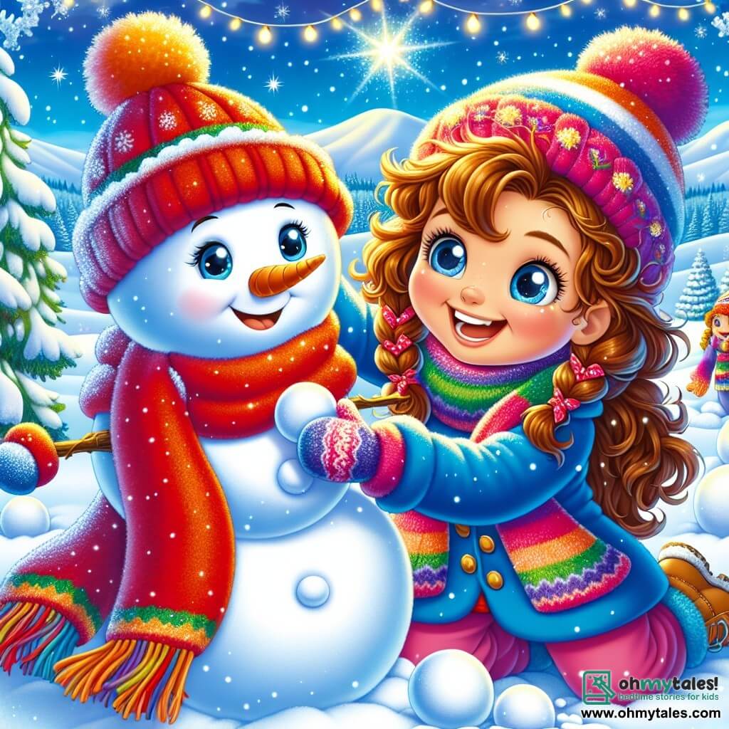 A 7-year-old girl named Molly, with curly brown hair and sparkling eyes, is building a large snowman in a winter landscape. She wears a bright red scarf, colorful wool gloves, and a blue coat, her face glowing with joy and excitement. Next to her is her best friend Emma, also 7, with braided blonde hair and a beaming smile, helping to stack snowballs, her cheeks rosy from the cold. The setting is a vast field covered in a thick layer of shimmering snow, with majestic trees laden with snow and a clear blue sky dotted with fluffy white clouds. In the distance, gentle hills create a peaceful and magical atmosphere. Molly and Emma are actively laughing and having fun as they add accessories to their snowman, like a carrot for the nose and branches for arms, capturing the joyful spirit of winter.